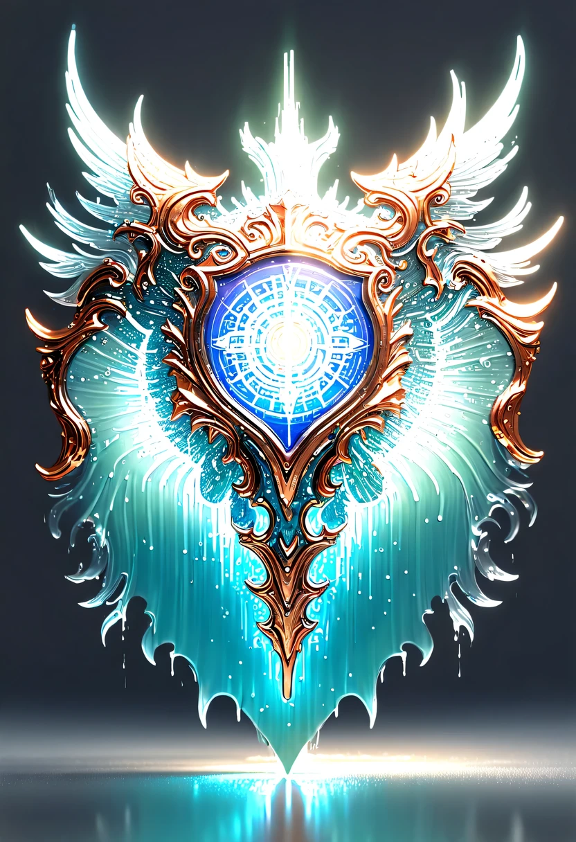 hyper detailed masterpiece，Dynamic，amazing quality，Floating super large ethereal shield，(Legendary Energy Light Shield:1.5)，liquid metal，Copper plate engraving，Sci-fi transparent ethereal shield，metallic feel，Retro cyberpunk，Surrealism，The Arthur effect, transparent body, Gradient translucent glass melt, Caustics, transparent glass texture, rainbow colors, Designed by Dietrams, simple, Shine in rich detail, White background, industrial design, Studio lights up, c4d, Overclocked renderer, Clean shadows, 4K，cyberpunk，Holographic projection，fault art，mechanical aesthetics，neon lights，laser light，fluorescence，glow effect，liquid metal，Copper plate engraving，Unreal Engine