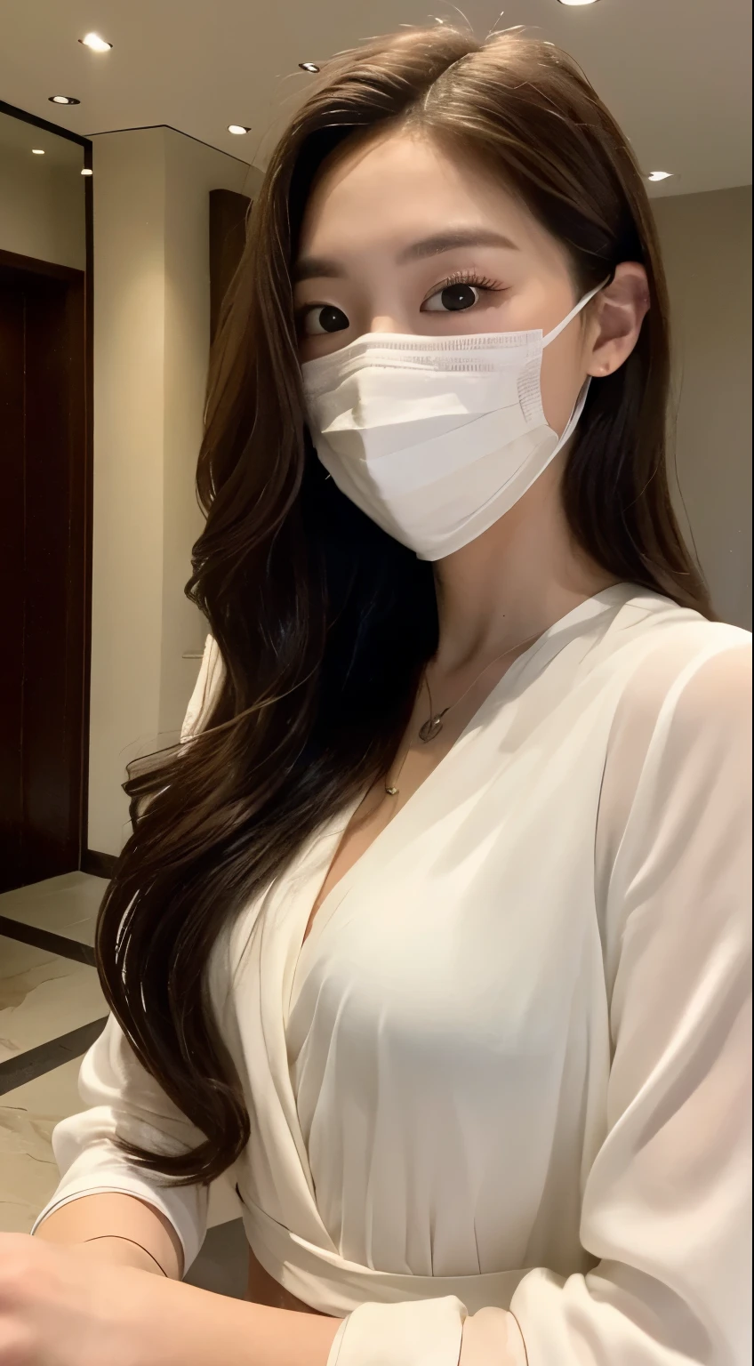 long beautiful hair、white mask、arafed woman wearing a face mask、(highest quality、High resolution、masterpiece:1.3)、tall and cute woman、thin abs、Loose wavy dark brown hair、open white silk blouse、(The background is a luxury hotel lobby)、Precisely expresses details such as face and skin texture、Big eyes、double eyelid