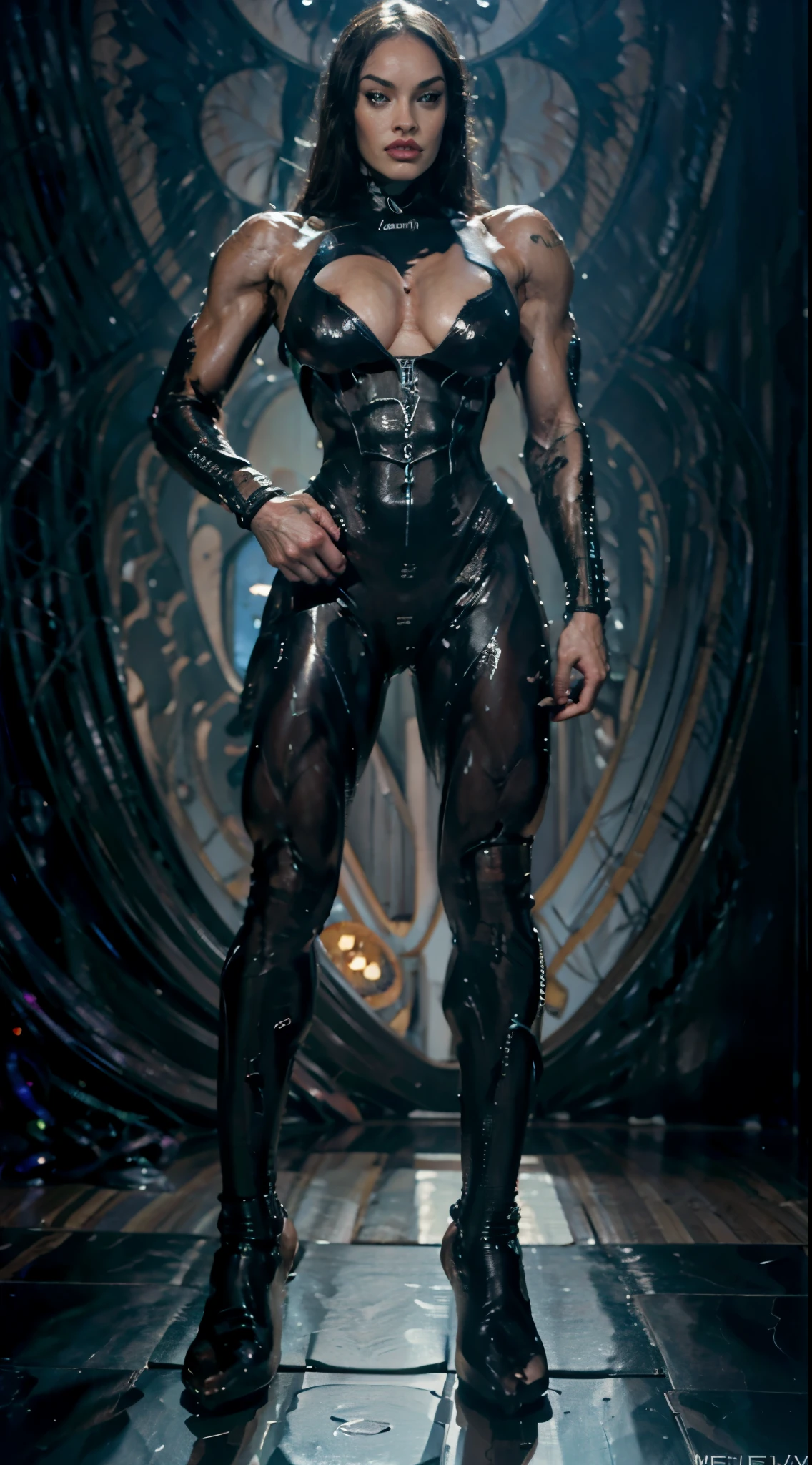 (megan fox:1.25), a drawing of an alien human hybrid female in latex bodysuit, (black hollow eyes:1.5), (alien muscular anatomy:1.25), (latex bodysuit:1.25), (extreme muscular definition:1.5), (full body pose:1.25), (huge upper body:1.25), (wide shoulders:1.25), veins, in the art style of H.P. Giger, masterpiece, best quality, Ultra photorealistic image