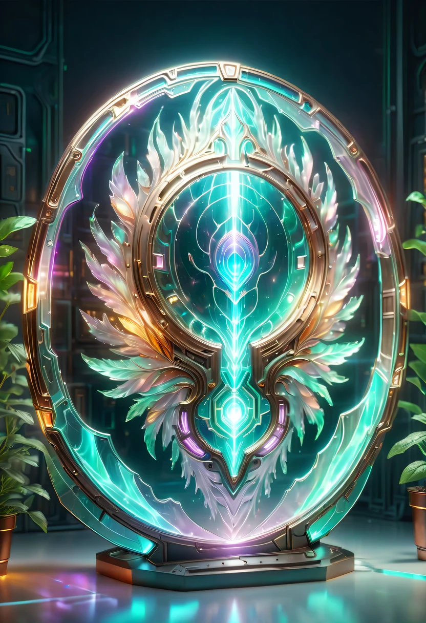 pastel tones,Light style,Comfortable and calm,nature,warm and cozy,garden,hyper detailed masterpiece,Dynamic,amazing quality,Floating super large ethereal shield,,(Legendary Energy Light Shield:1.5),liquid metal,Copper plate engraving,Sci-fi transparent ethereal shield,metallic feel,Retro cyberpunk,Surrealism,The Arthur effect, transparent body, Gradient translucent glass melt, Caustics, transparent glass texture, rainbow colors, Designed by Dietrams, simple, Shine in rich detail, White background, industrial design, Studio lights up, c4d, Overclocked renderer, Clean shadows, 4K,cyberpunk,Holographic projection,fault art,mechanical aesthetics,neon lights,laser light,fluorescence,glow effect,liquid metal,Copper plate engraving,Unreal Engine