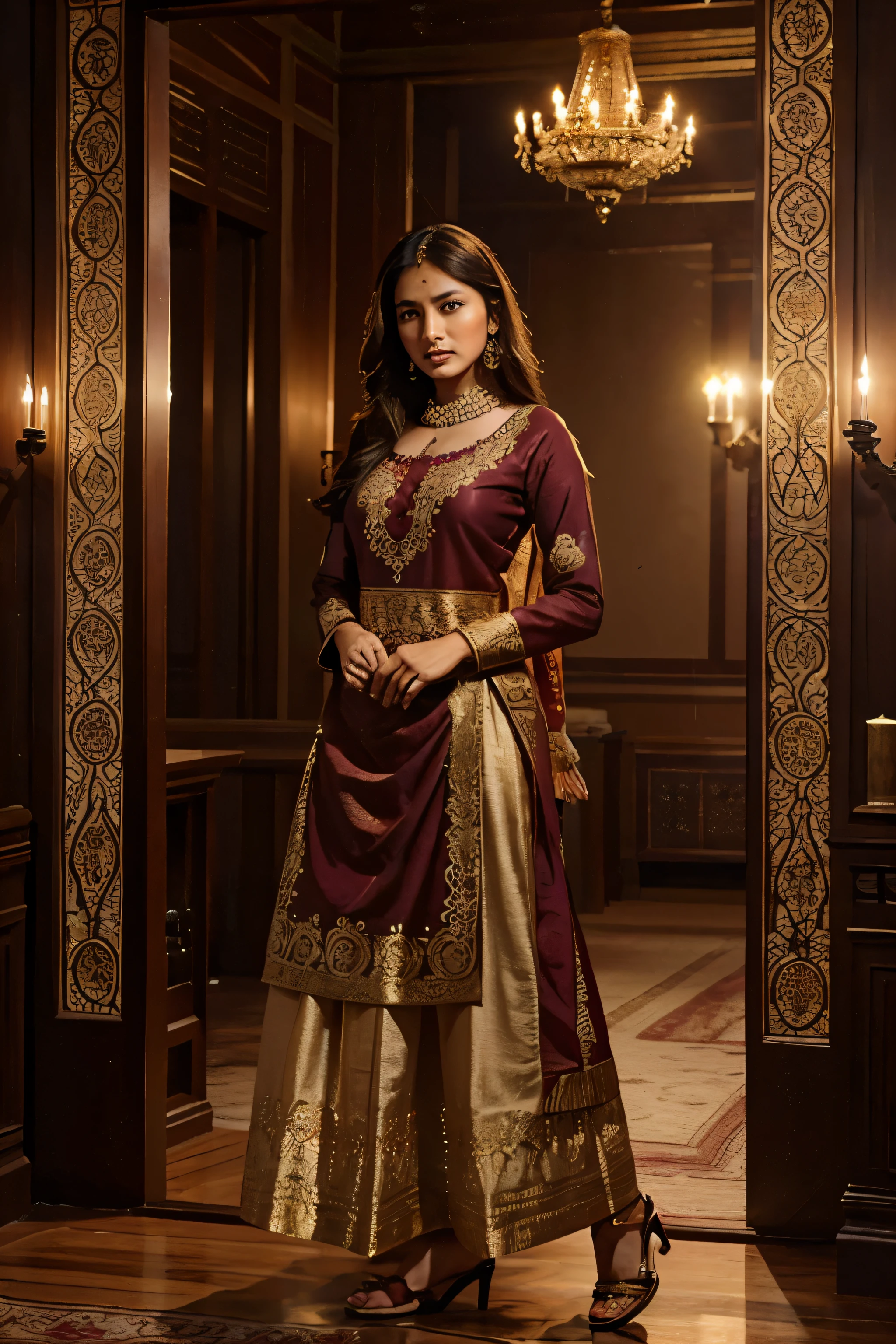 Design a Mughal Peshwaz in rich gold and maroon hues, featuring ornate patterns, heavy embroidery, and a silhouette that pays homage to the Mughal era.