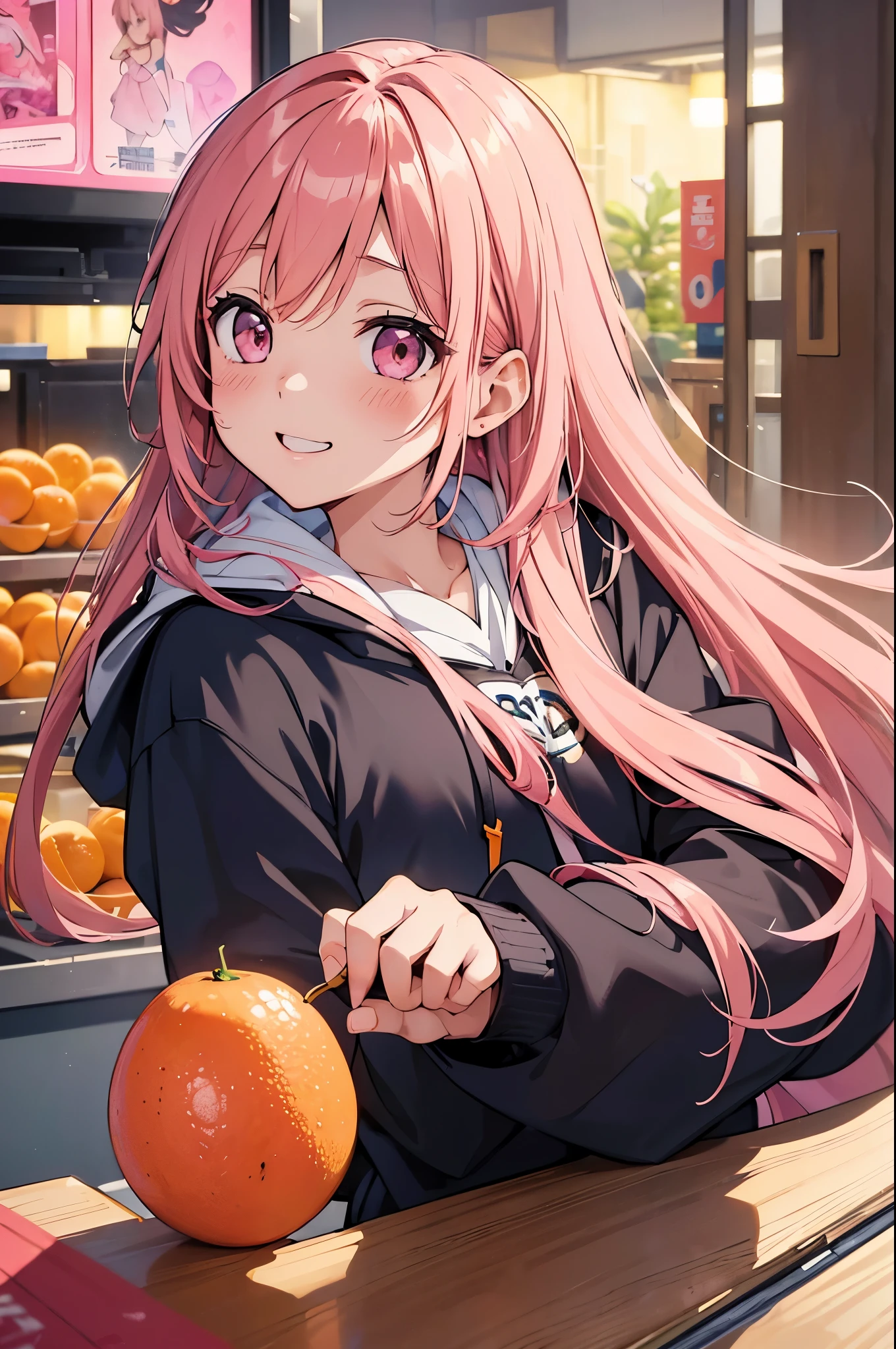 (masterpiece, highest quality), (disorganized:1.2), (anime illustration:1.2), (Super detailed, 8K, ultra high resolution:1.2), 1 girl, young, slim, long hair(pink color), empty eyes,A large amount of mandarin oranges in the background, cinematic composition, blush, embarrassing, best smile,cute hoodie looking at viewer