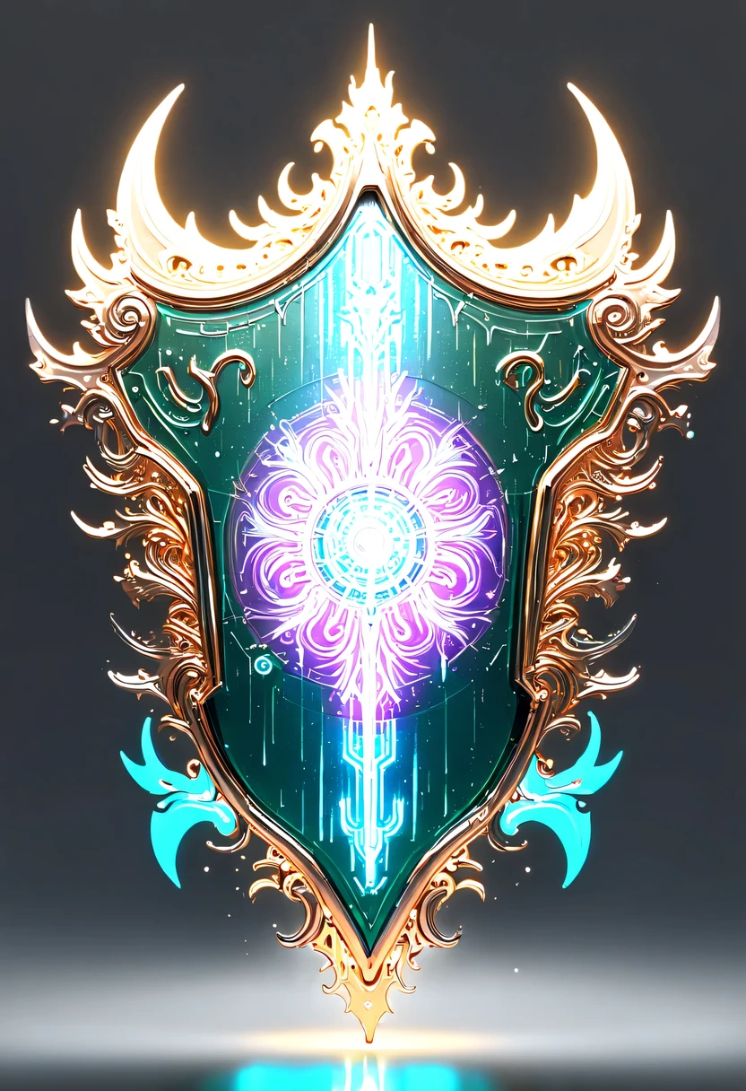 hyper detailed masterpiece,Dynamic,amazing quality,Floating super large ethereal shield,(Legendary Energy Light Shield:1.5),liquid metal,Copper plate engraving,Sci-fi transparent ethereal shield,metallic feel,Retro cyberpunk,Surrealism,The Arthur effect, transparent body, Gradient translucent glass melt, Caustics, transparent glass texture, rainbow colors, Designed by Dietrams, simple, Shine in rich detail, White background, industrial design, Studio lights up, c4d, Overclocked renderer, Clean shadows, 4K,cyberpunk,Holographic projection,fault art,mechanical aesthetics,neon lights,laser light,fluorescence,glow effect,liquid metal,Copper plate engraving,Unreal Engine