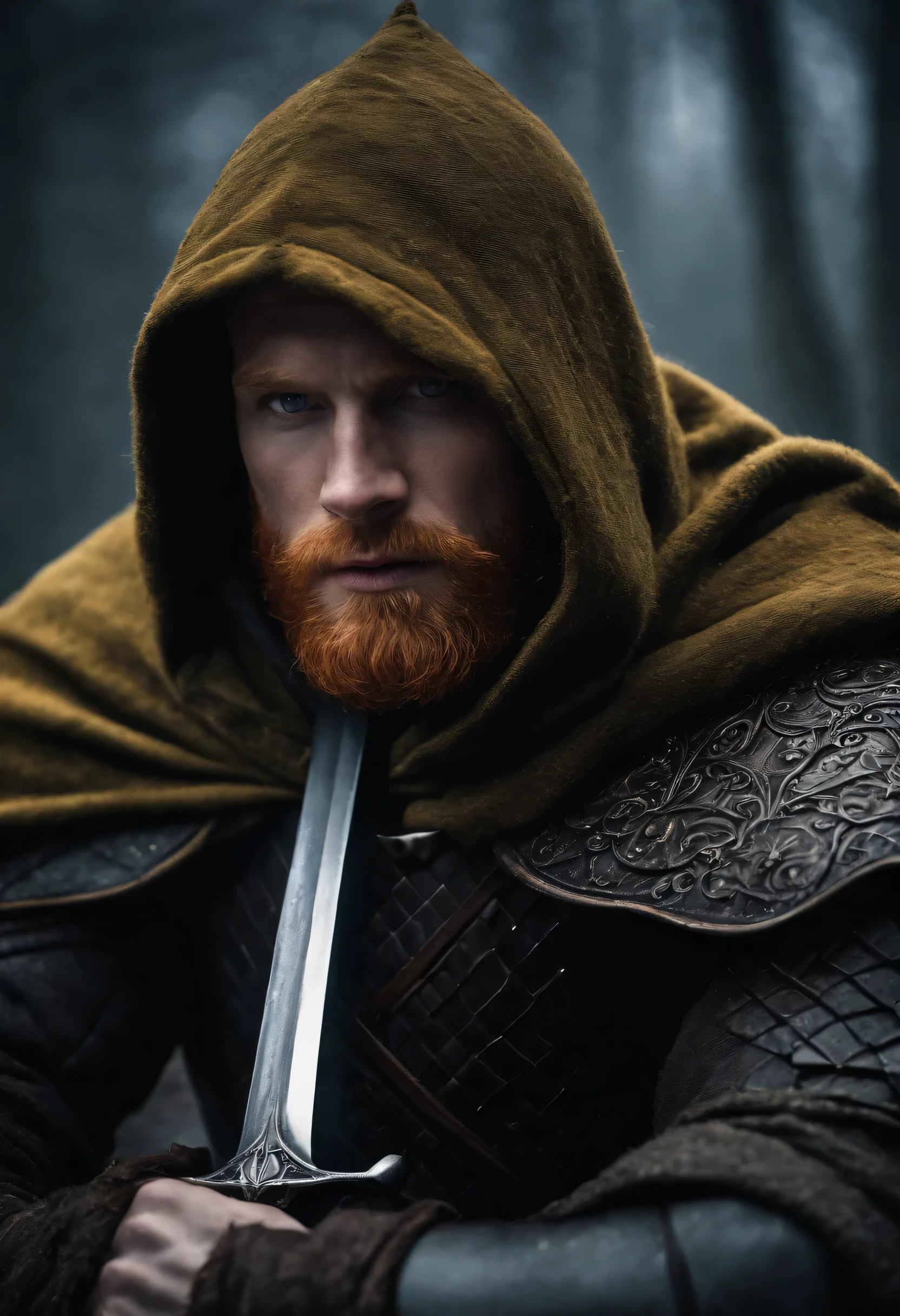 mysterious middle aged human male, short ginger hair, short ginger beard, scarred face, scars, detailed dark green eyes high details, grey scale armor, dark hooded cloak, dark fantasy, cinematic shot, yellow glow, frozen tundra background, medieval, masterpiece, all in a dark fantasy artstyle
