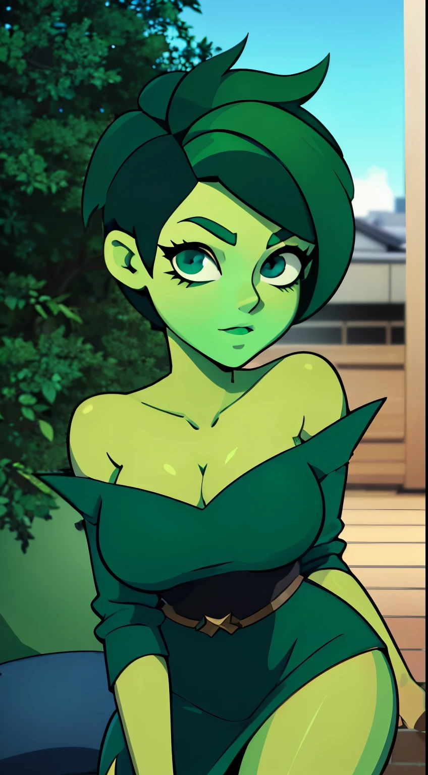 photo of Tendi, Orion from star trek, RAW, beautiful woman, ((portrait)), ((detailed face, anime eyes, anime mouth, anime nose:1.2)), (short shaved dark forest green hair:1.3), ((detailed facial features, detailed vibrant green skin, emerald green skin skin:1.5), (perfect proportioned body), (NSFW) (high detailed city environment, apartment balcony), (realistic photo, best quality, detailed), (8k wallpaper), (cinematic lighting, dramatic lighting) (sharp focus, intricate)