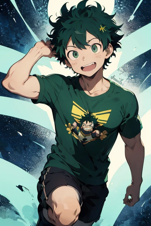 (masterpiece, Best Quality:1.2), Alone, male focus, 1 boy, Izuku Midoriya, smile, looking at the viewer, short green hair, green eyes, bulge, green bikini, freckles, girly, effeminated boy, shy smile, slightly blushed