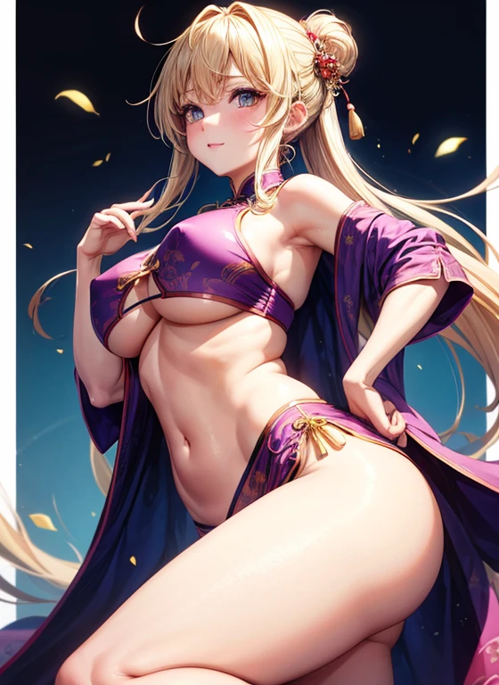 one woman,Detailed contours,Super best image quality,China dress,underboob,From the side down,Beautiful big,Nipples are sagging,Belly exposure,exposing chest,Doggy,underboobだけ見せる,from the side of your feet,blonde,standing position,Clothes that just rest on your chest,Low - Angle,anime characters,Breasts fully visible,close to the breasts,close to her,cute face,side boob,