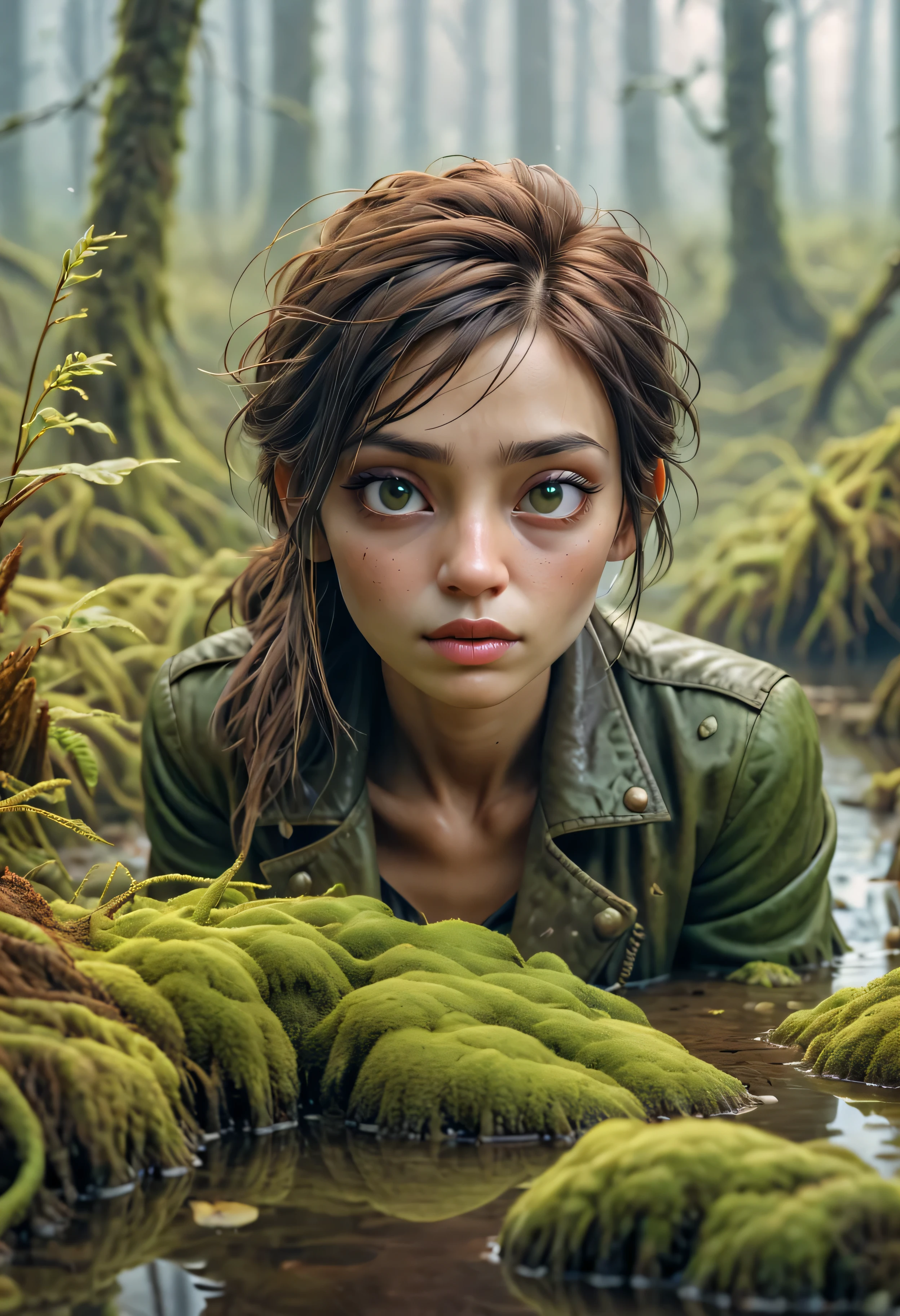 (a)woman,grown into the swamp soil,(best quality,4k,8k,highres,masterpiece:1.2),ultra-detailed,(realistic,photorealistic,photo-realistic:1.37),dark and mysterious,emerging from the ground,blurred reflection,ethereal fog,green tint,leather jacket,soft lighting,dreamlike atmosphere,lost in nature,gloomy environment,moss-covered,waterlogged ground,misty surroundings,submerged roots,transformation,mystical presence,silent observer,variegated foliage,isolated,fading sunlight,hidden beauty,serene expression,subtle textures,organic forms,rich in detail,swampy landscape,mirrored surface,dilapidated structures whispered secrets,hauntingly beautiful,hidden depths,hidden among the reeds,solitary figure,quiet contemplation,magical encounter,enchanted realm,whispering winds
