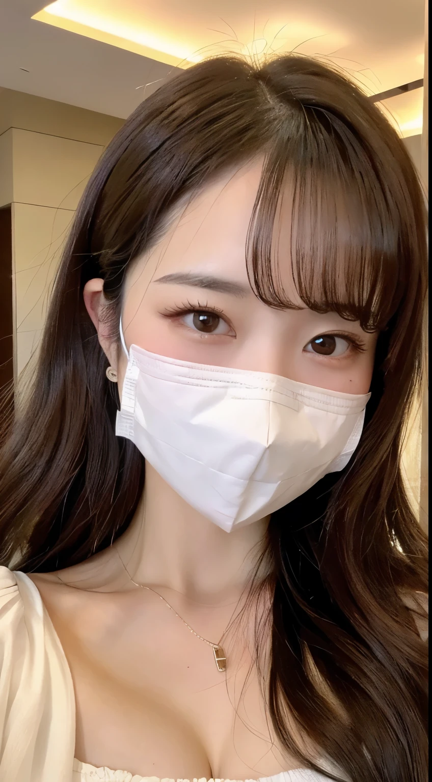 long beautiful hair、white mask、arafed woman wearing a face mask、(highest quality、High resolution、masterpiece:1.3)、tall and cute woman、thin abs、Loose wavy dark brown hair、open white silk blouse、(The background is a luxury hotel lobby)、Precisely expresses details such as face and skin texture、Big eyes、double eyelid