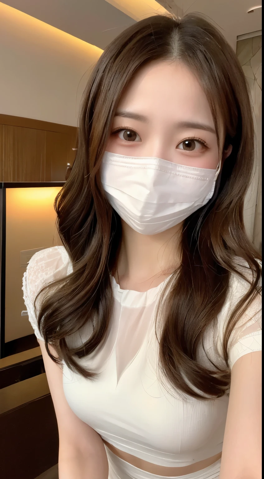 A woman wearing a white shirt and a mask - SeaArt AI