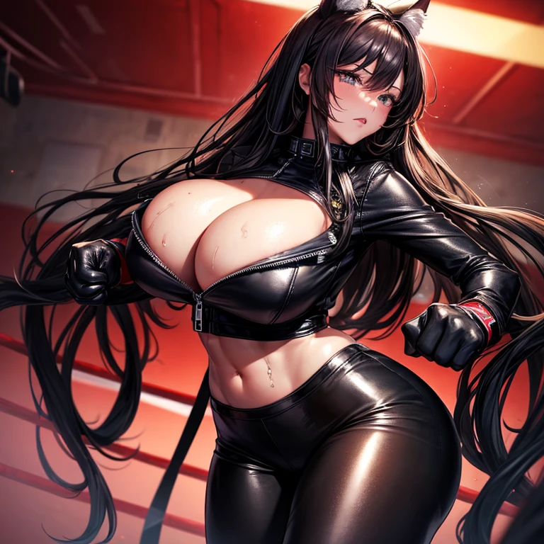 individual,Beauty,boxing gloves,boxing match,pantyhose,Black leather jacket,sexy,Big breasts,long legs,cleavage,ring,sweating,8k,Super detailed,high quality,long hair,Cat ear