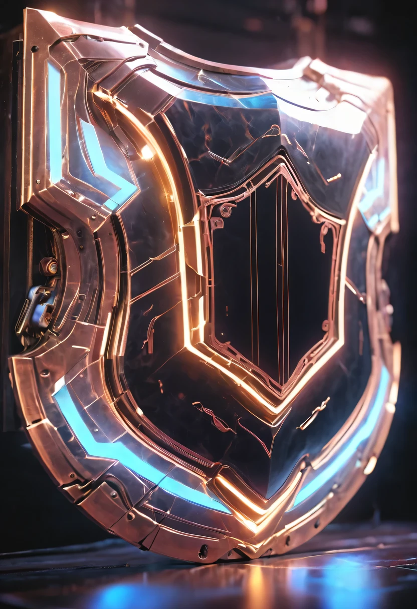 (Legendary Energy Light Shield:1.5),liquid metal,Copper plate engraving,Sci-fi transparent ethereal shield,cyberpunk,Holographic projection,mechanical aesthetics,neon lights,laser light,fluorescence,glow effect,liquid metal,Copper plate engraving,Unreal Engine