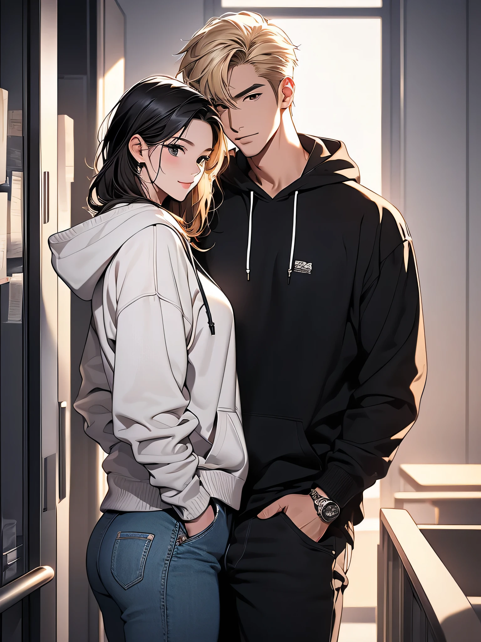 (masterpiece, Best Quality, ultra-detailed, high resolution, extremely detailed CG, official art, Professional Lighting, Perfect Anatomy, anime colors), Lovely Couple, Asian guy, very handsome, (his hair is medium blonde hair), wearing a hoodie with cargo pants, smile, with an Asian girl, (her hair is short black hair), beautiful, detailed image, 8K, detailed faces, (day time:1.5), Australia, (in the university:1.4),