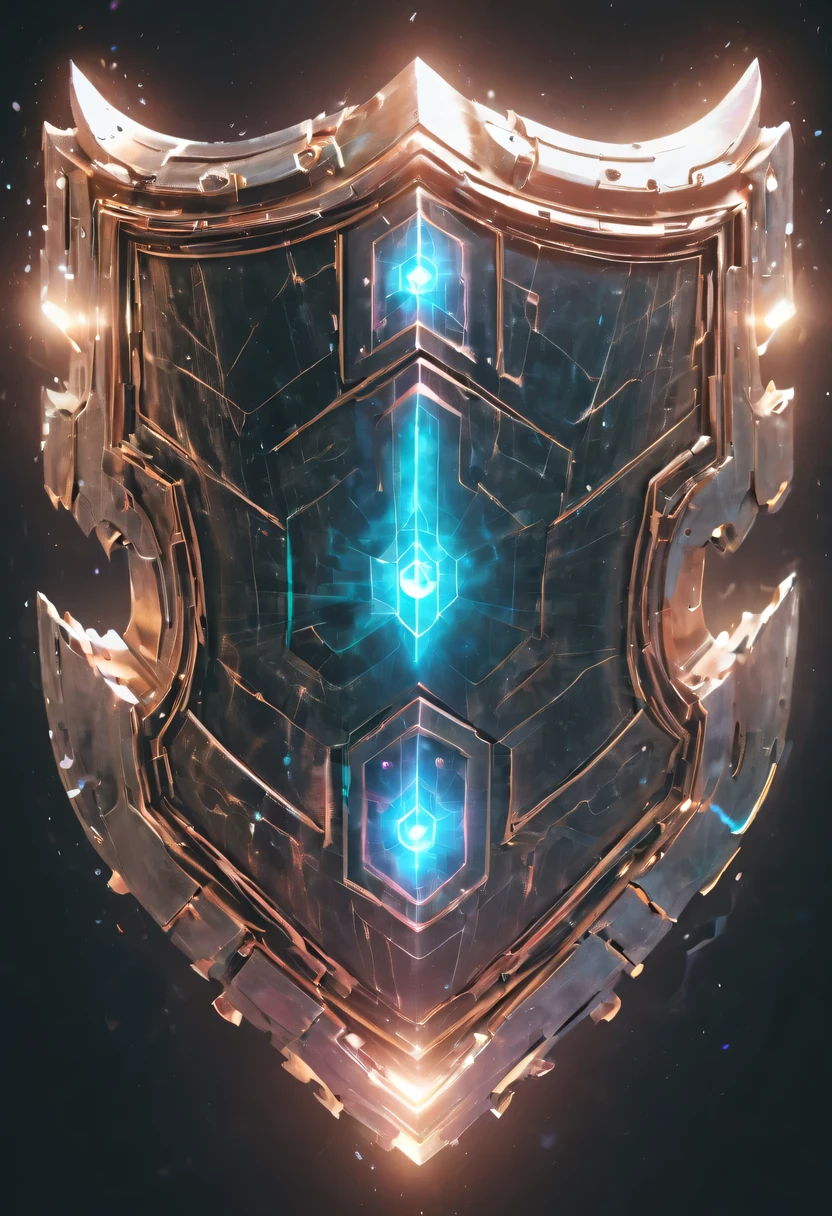 (Legendary Energy Light Shield:1.5)，liquid metal，Copper plate engraving，Sci-fi transparent ethereal shield，cyberpunk，Holographic projection，mechanical aesthetics，neon lights，laser light，fluorescence，glow effect，liquid metal，Copper plate engraving，Unreal Engine