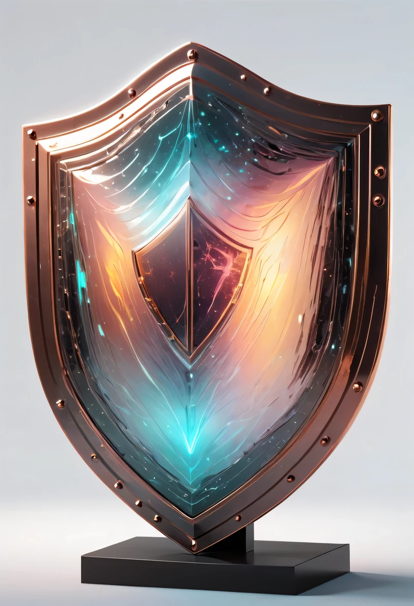 (Legendary Energy Light Shield:1.5),liquid metal,Copper plate engraving,Sci-fi transparent ethereal shield,metallic feel,Retro cyberpunk,Surrealism,The Arthur effect, transparent body, Gradient translucent glass melt, Caustics, transparent glass texture, rainbow colors, Designed by Dietrams, simple, Shine in rich detail, White background, industrial design, Studio lights up, c4d, Overclocked renderer, Clean shadows, 4K,cyberpunk,Holographic projection,fault art,mechanical aesthetics,neon lights,laser light,fluorescence,glow effect,liquid metal,Copper plate engraving,Unreal Engine
