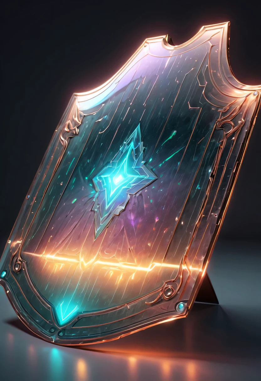 (Legendary Energy Light Shield:1.5),liquid metal,Copper plate engraving,Sci-fi transparent ethereal shield,metallic feel,Retro cyberpunk,Surrealism,The Arthur effect, transparent body, Gradient translucent glass melt, Caustics, transparent glass texture, rainbow colors, Designed by Dietrams, simple, Shine in rich detail, White background, industrial design, Studio lights up, c4d, Overclocked renderer, Clean shadows, 4K,cyberpunk,Holographic projection,fault art,mechanical aesthetics,neon lights,laser light,fluorescence,glow effect,liquid metal,Copper plate engraving,Unreal Engine