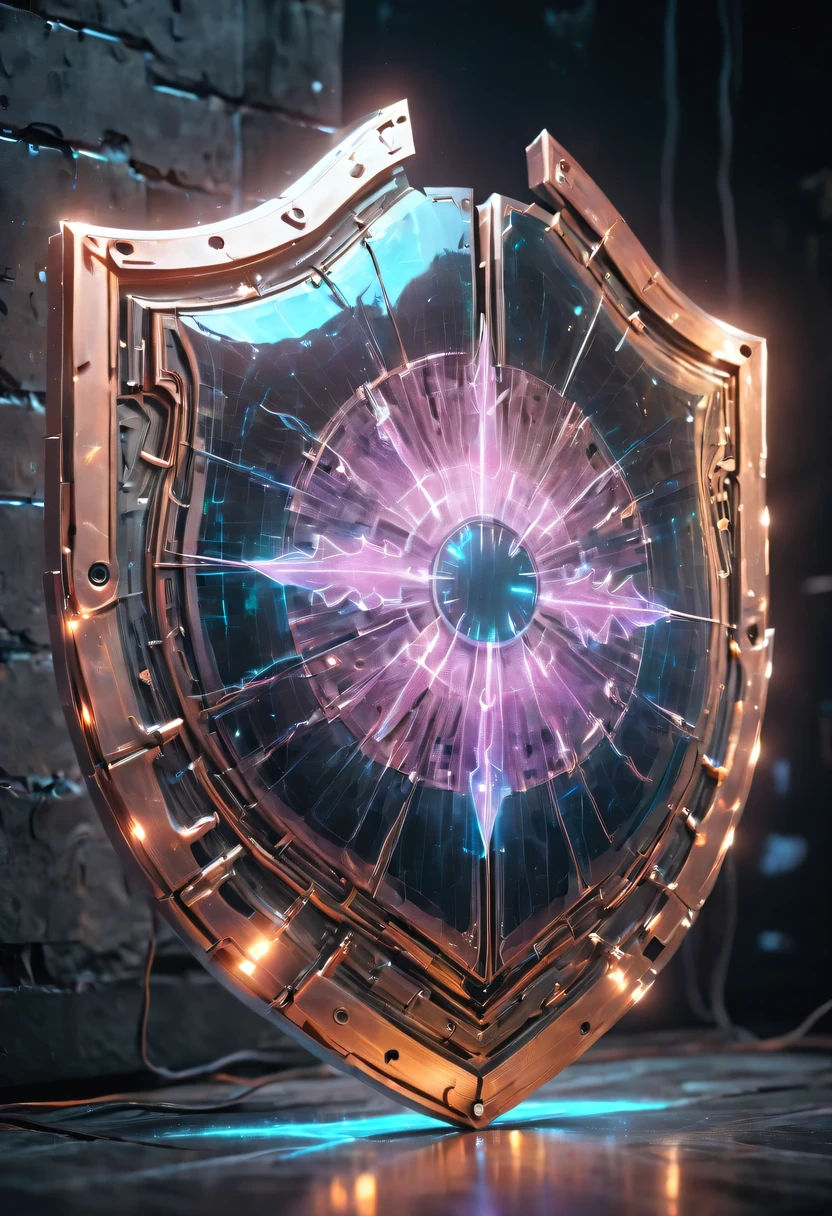 (Legendary Energy Light Shield:1.5),liquid metal,Copper plate engraving,Sci-fi transparent ethereal shield,cyberpunk,Holographic projection,mechanical aesthetics,neon lights,laser light,fluorescence,glow effect,liquid metal,Copper plate engraving,Unreal Engine