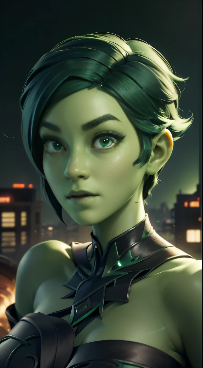 photo of Tendi, Orion from star trek, RAW, beautiful woman, ((portrait)), ((detailed face, anime eyes, anime mouth, anime nose:1.2)), (short shaved dark forest green hair:1.3), ((detailed facial features, detailed vibrant green skin, emerald green skin skin:1.5), (perfect proportioned body), (NSFW) (high detailed city environment, apartment balcony), (realistic photo, best quality, detailed), (8k wallpaper), (cinematic lighting, dramatic lighting) (sharp focus, intricate)