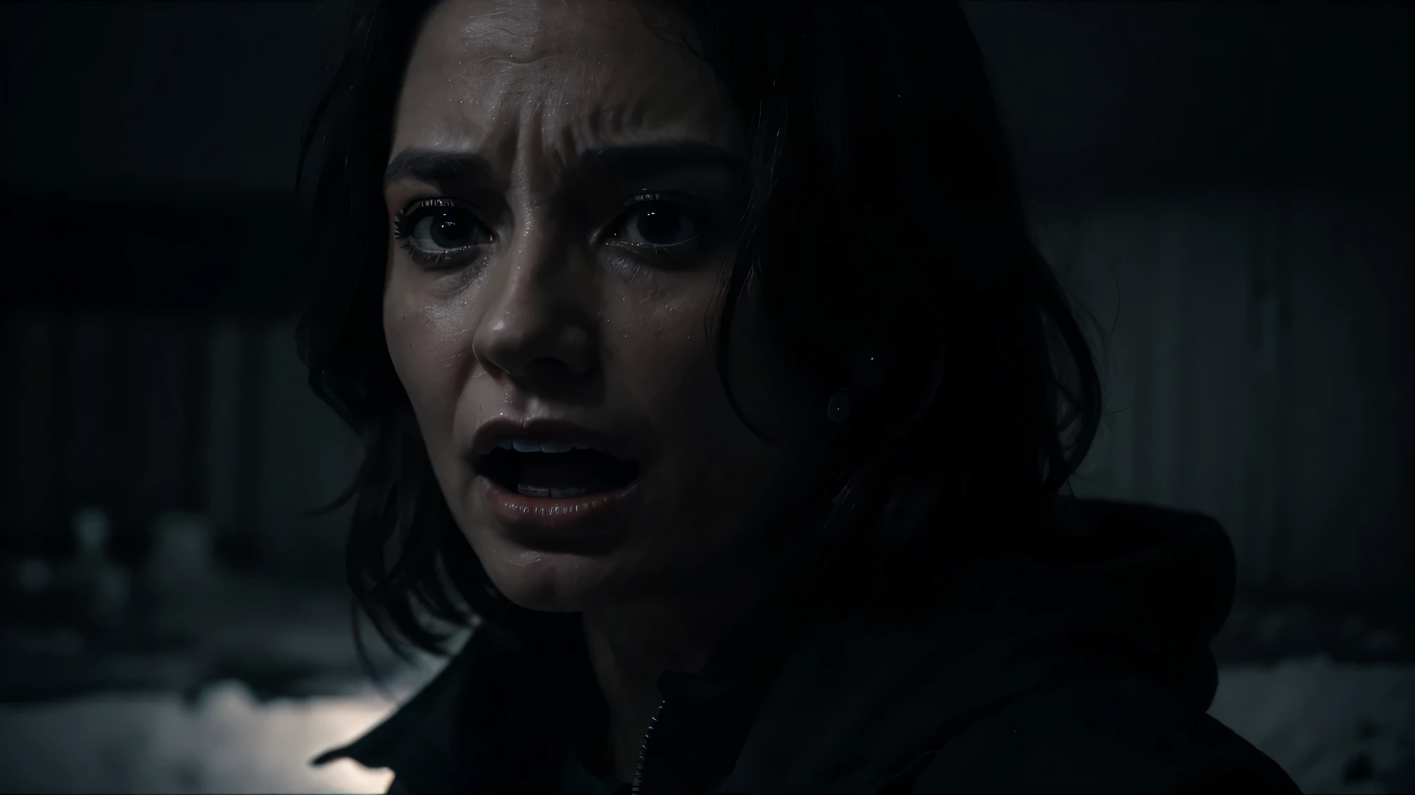 40 years old woman, affraid, scream, fear, panic, dark scene, alone, cold, 4k, ultra details, cinematic