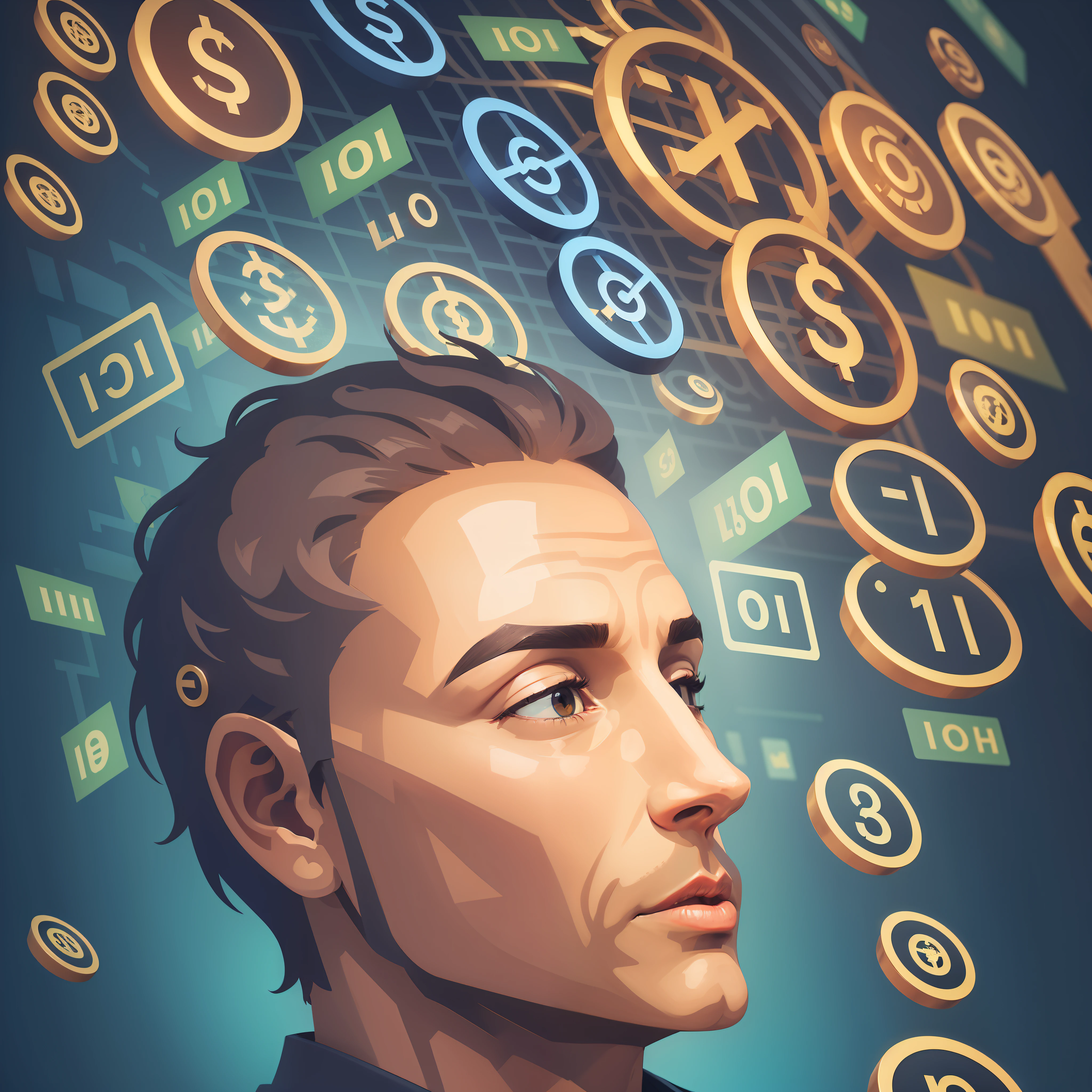Capture the enigmatic essence of a brilliant mind with a captivating silhouette of a genius head against a backdrop of swirling financial symbol icons, illuminated by the mesmerizing flickering of a bag of dollars. This thought-provoking image aims to symbolize the fusion of intellect and financial success, offering a visually striking representation of the relationship between genius and wealth. The scene will be composed to emphasize the profile of the genius, with the background filled with an array of relevant financial symbols, such as currency signs, stock charts, and economic indicators.