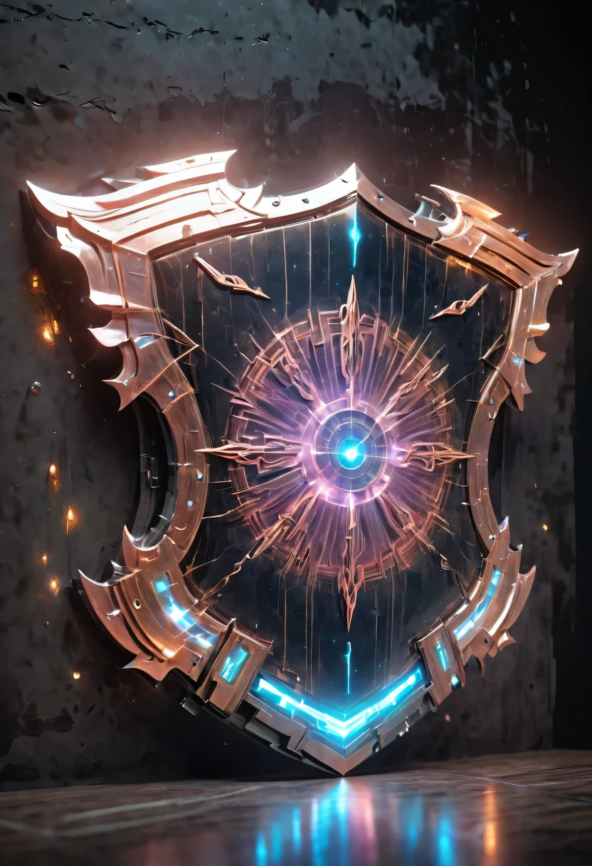 (Legendary Energy Light Shield:1.5)，liquid metal，Copper plate engraving，Sci-fi transparent ethereal shield，cyberpunk，Holographic projection，mechanical aesthetics，neon lights，laser light，fluorescence，glow effect，liquid metal，Copper plate engraving，Unreal Engine