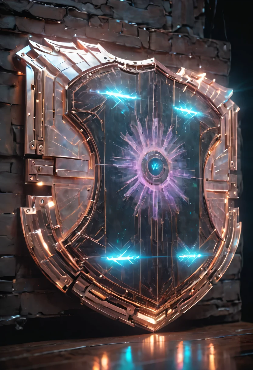 (Legendary Energy Light Shield:1.5),liquid metal,Copper plate engraving,Sci-fi transparent ethereal shield,cyberpunk,Holographic projection,mechanical aesthetics,neon lights,laser light,fluorescence,glow effect,liquid metal,Copper plate engraving,Unreal Engine