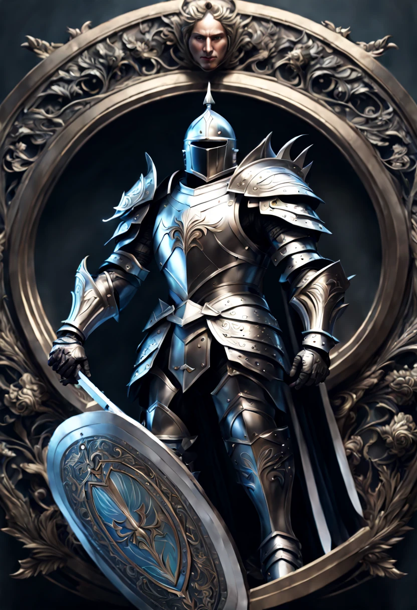 breathtaking A highly detailed digital painting of a powerful knight in armor holding a large, ornate shield in a heroic stance, extremely detailed full body knight in shiny silver armor with intricate patterns, standing in a dramatic pose, one hand holding a massive, circular shield with a glowing crest in the center, shield has beautiful engraved swirls and runes, shining metal, cinematic lighting, illustration by artgerm and greg rutkowski and alphonse mucha, digital painting . award-winning, professional, highly detailed, detailed matte painting, deep color, fantastical, intricate detail, splash screen, complementary colors, fantasy concept art, 8k resolution trending on Artstation Unreal Engine 5