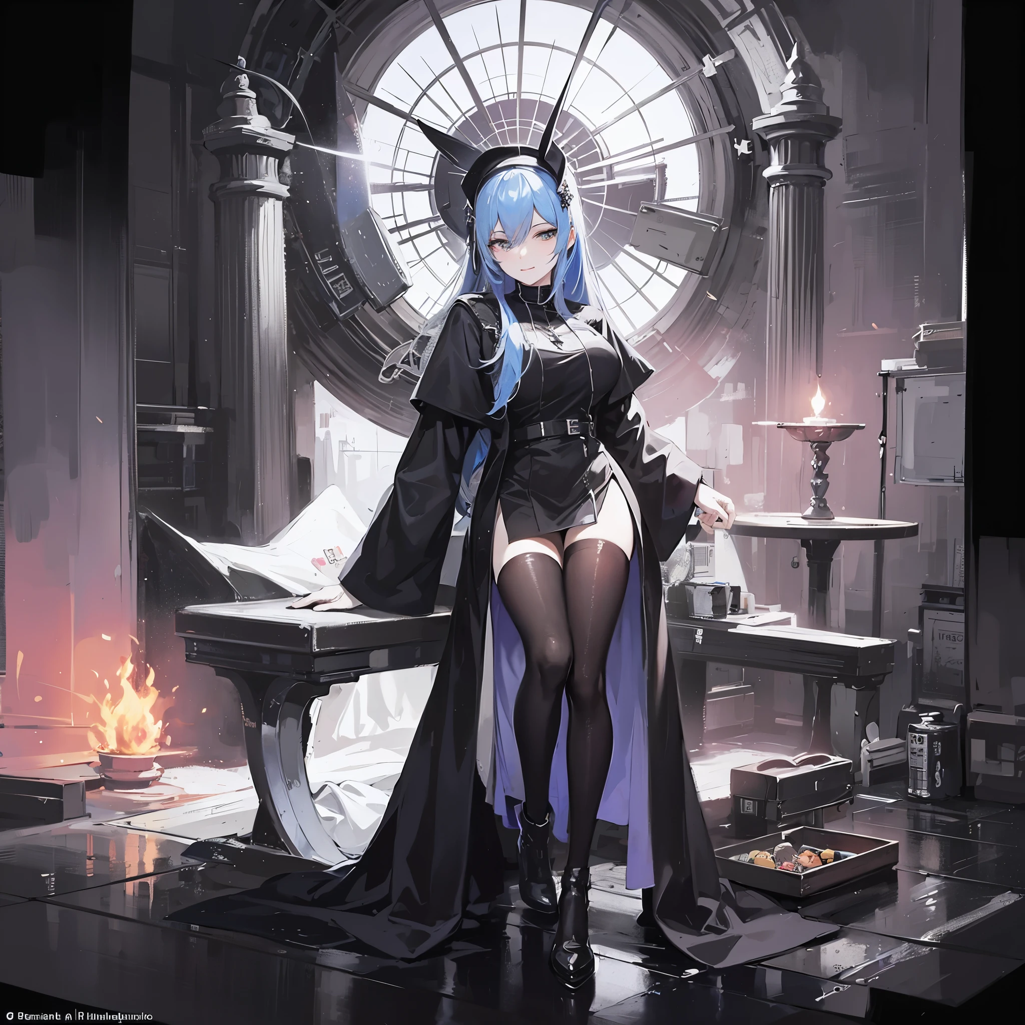 masterpiece, high definition, PERFECT FACE, anime - style image of a blue haired woman in a black nun outfit, elegant nun girl, utopia, mature and lady, smug face, from girls frontline, artwork in the style of guweiz, , background art, lighting, starry blue sky, galaxy