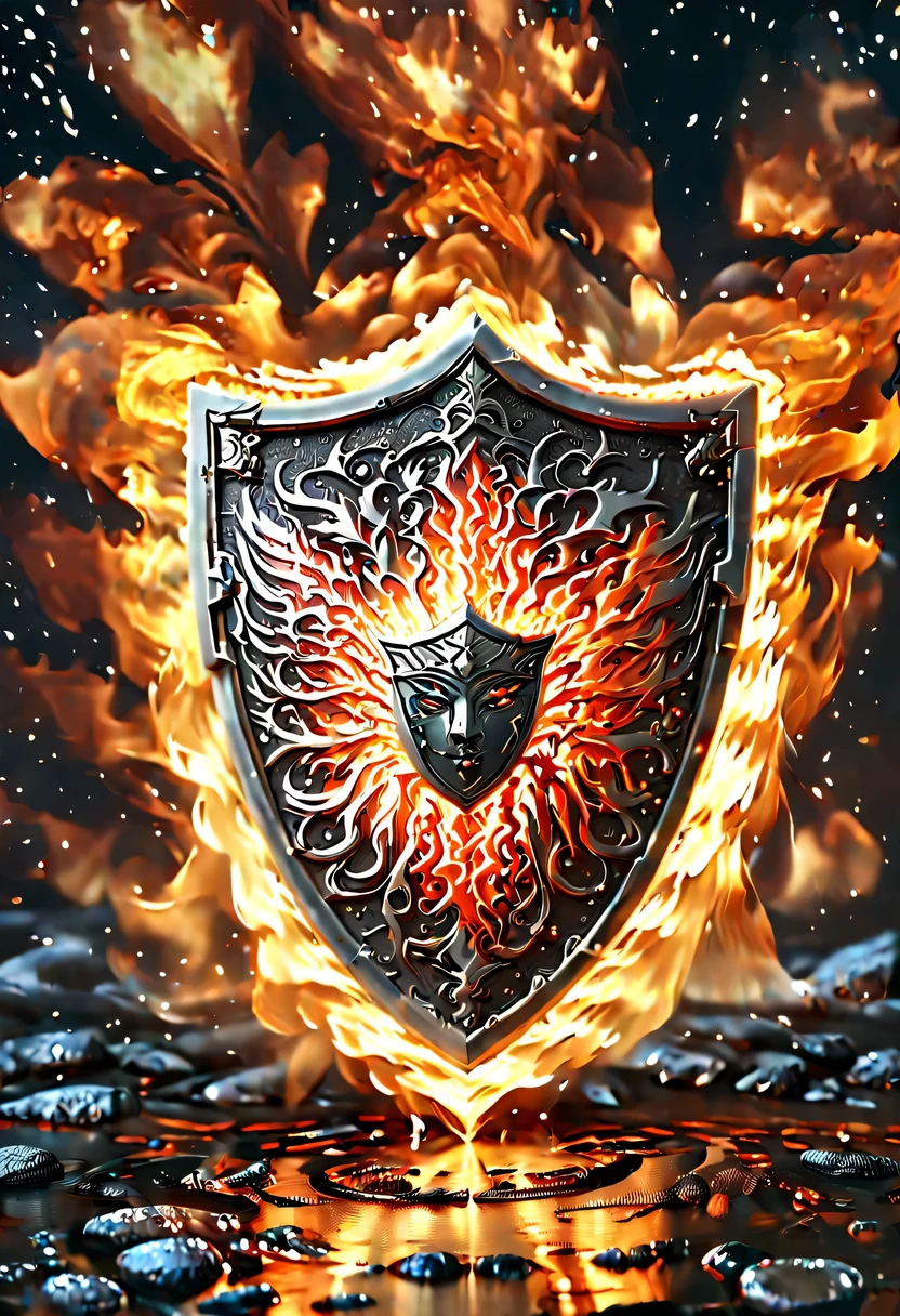 (8k, 16k, Award-winning, best quality, highest resolution, Super details, high detail, anatomically correct, masterpiece, stunning beauty), (金属shield: 1.3), 火焰内的魔法shield , shield, Detail decoration, Snowflake carving, exquisite craftsmanship , Legendary shields, Rare and precious, intricate details, 魔法shield由一种叫做山铜的金属制成, There are no gemstones, (Ancient characters are engraved on the inside of the shield: 1.2), Impeccable, platinum, white, Gold and silver, Trapped in a world of fire.