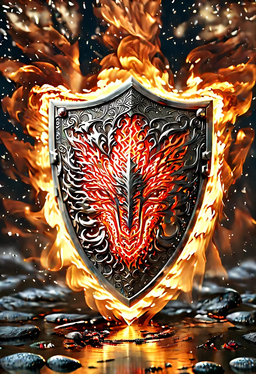 (8k, 16k, Award-winning, best quality, highest resolution, Super details, high detail, anatomically correct, masterpiece, stunning beauty), (金属shield: 1.3), 火焰内的魔法shield , shield, Detail decoration, Snowflake carving, exquisite craftsmanship , Legendary shields, Rare and precious, intricate details, 魔法shield由一种叫做山铜的金属制成, There are no gemstones, (Ancient characters are engraved on the inside of the shield: 1.2), Impeccable, platinum, white, Gold and silver, Trapped in a world of fire.