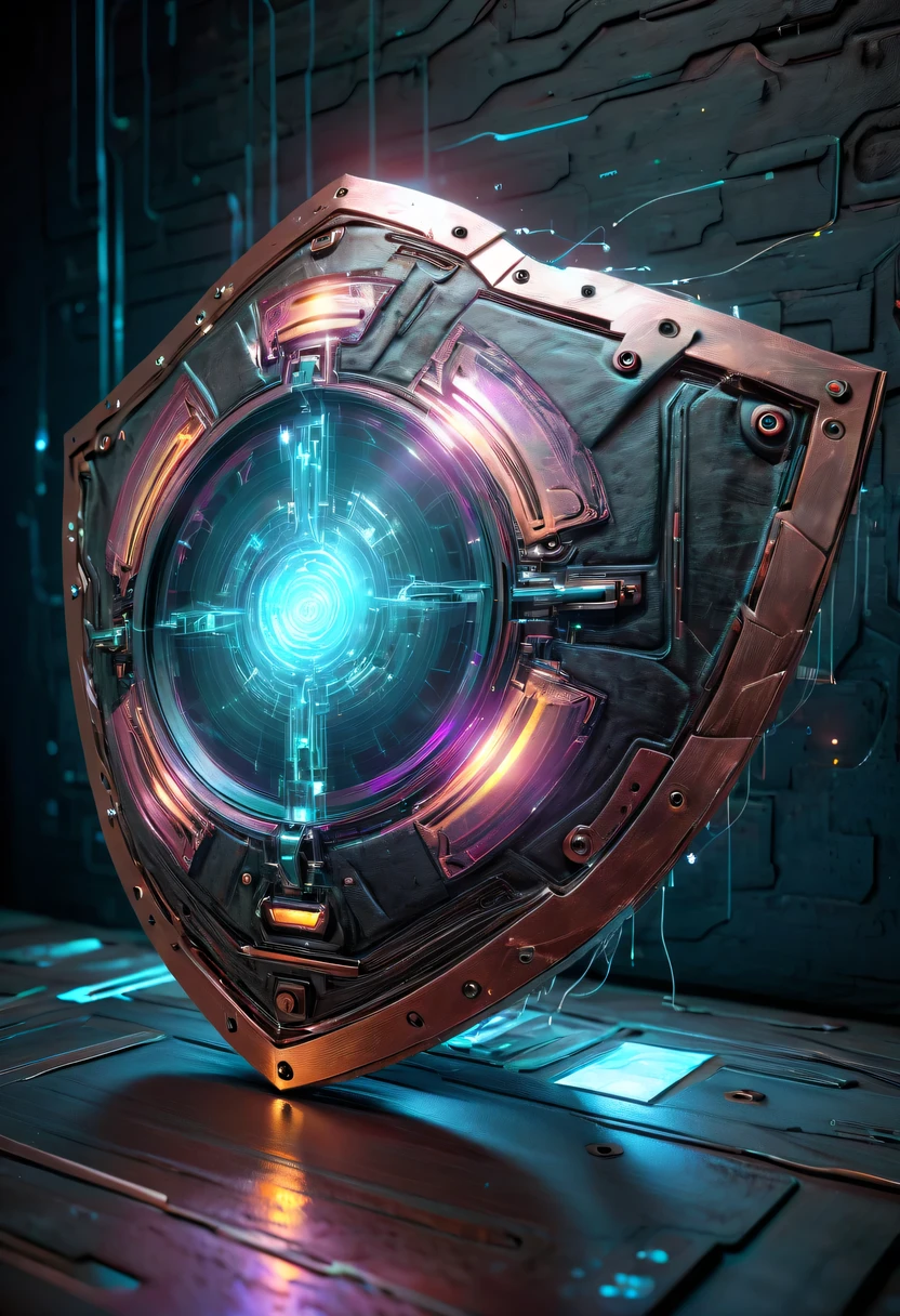 (Legendary Energy Light Shield:1.5),liquid metal,Copper plate engraving,Sci-fi transparent ethereal shield,cyberpunk,Holographic projection,fault art,mechanical aesthetics,neon lights,laser light,fluorescence,glow effect,liquid metal,Copper plate engraving,Unreal Engine