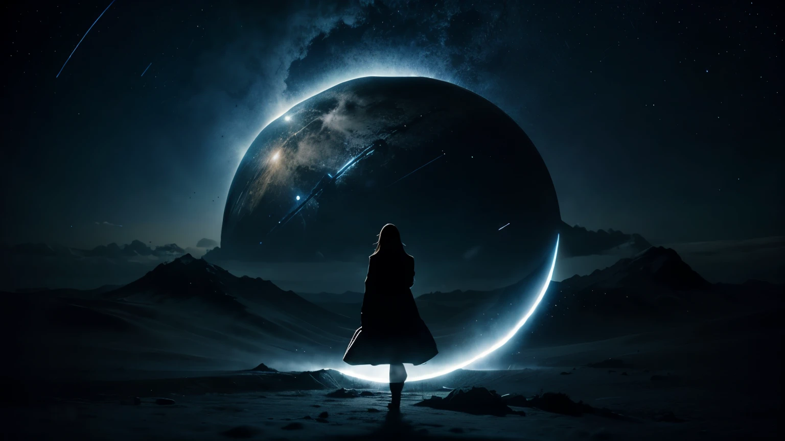 Frau schaut durch ein Portal in die Galaxie, She walks in beauty, wie die Nacht wolkenloser Gefilde und sternenklarer Himmel; Und all das Beste aus Dunkelheit und Licht trifft sich in ihrem Aussehen und ihren Augen; So gemildert zu jenem zarten Licht, das der Himmel an leuchtenden Tagen dem Spiegelbild verweigert  