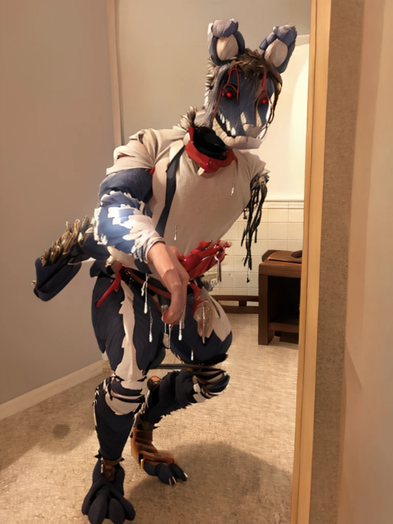 Ultra high resolution, best quality, masterpiece, mirror selfie, (half transformation), human red feathered deinonychus mount plastic animatronic fursuit hybridization metamorphosis, wearing saddle bridle bit and harness, in bathroom, (part human:1.6) (part feral:1.3), (red:1.9) (black:1.5) (cobalt:0.5) (striped:1.2) (spotted:1.1), ((liquid goo partial dripping encasement)), Five nights at Freddy’s style