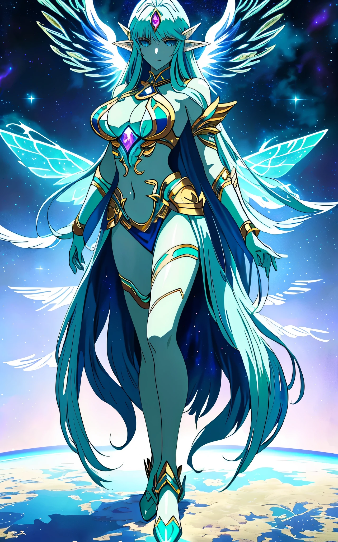 Elf angel meditating in space, astral fairy, mythical creature, galactic god, ethereal anime, epic anime fantasy, mythology, starlight ethereal, elemental guardian of life, anime epic artwork, mythical creature, beautiful fantasy anime, six-winged angel, celestial goddess, big, big, big