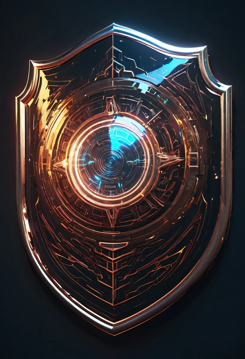 (Legendary Energy Light Shield:1.5)，liquid metal，Copper plate engraving，Sci-fi transparent ethereal shield，cyberpunk，Holographic projection，fault art，mechanical aesthetics，neon lights，laser light，fluorescence，glow effect，liquid metal，Copper plate engraving，Unreal Engine