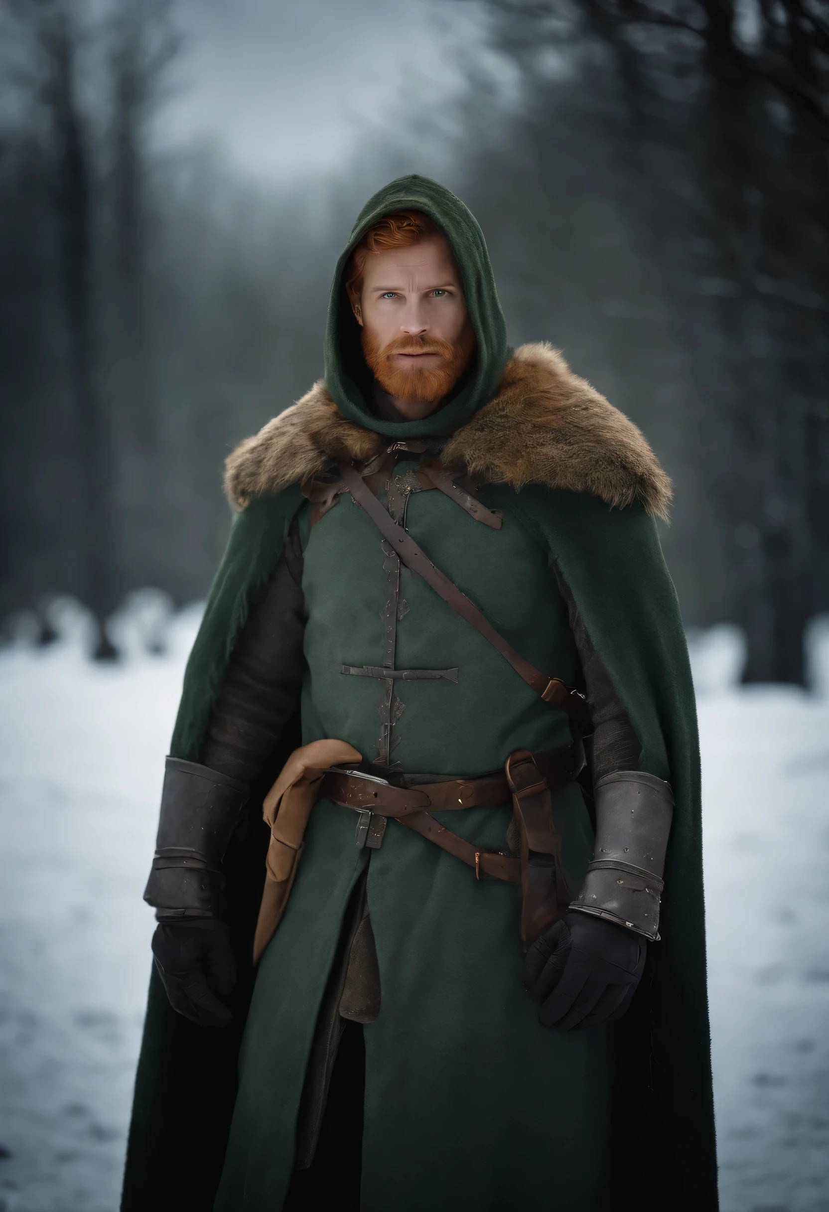 mysterious middle aged human male, short ginger hair, short ginger beard, scarred face, scars, detailed dark green eyes high details, grey scale armor, dark hooded cloak, dark fantasy, cinematic shot, yellow glow, frozen tundra background, medieval, masterpiece, all in a dark fantasy artstyle
