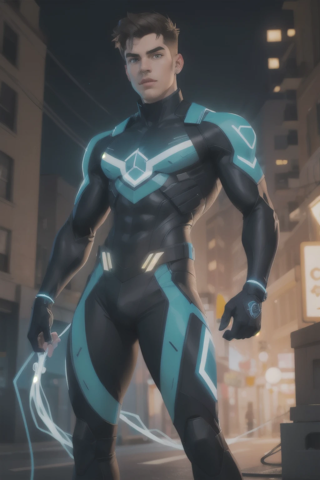 Male character in his 20s wearing a blue digital electric costume