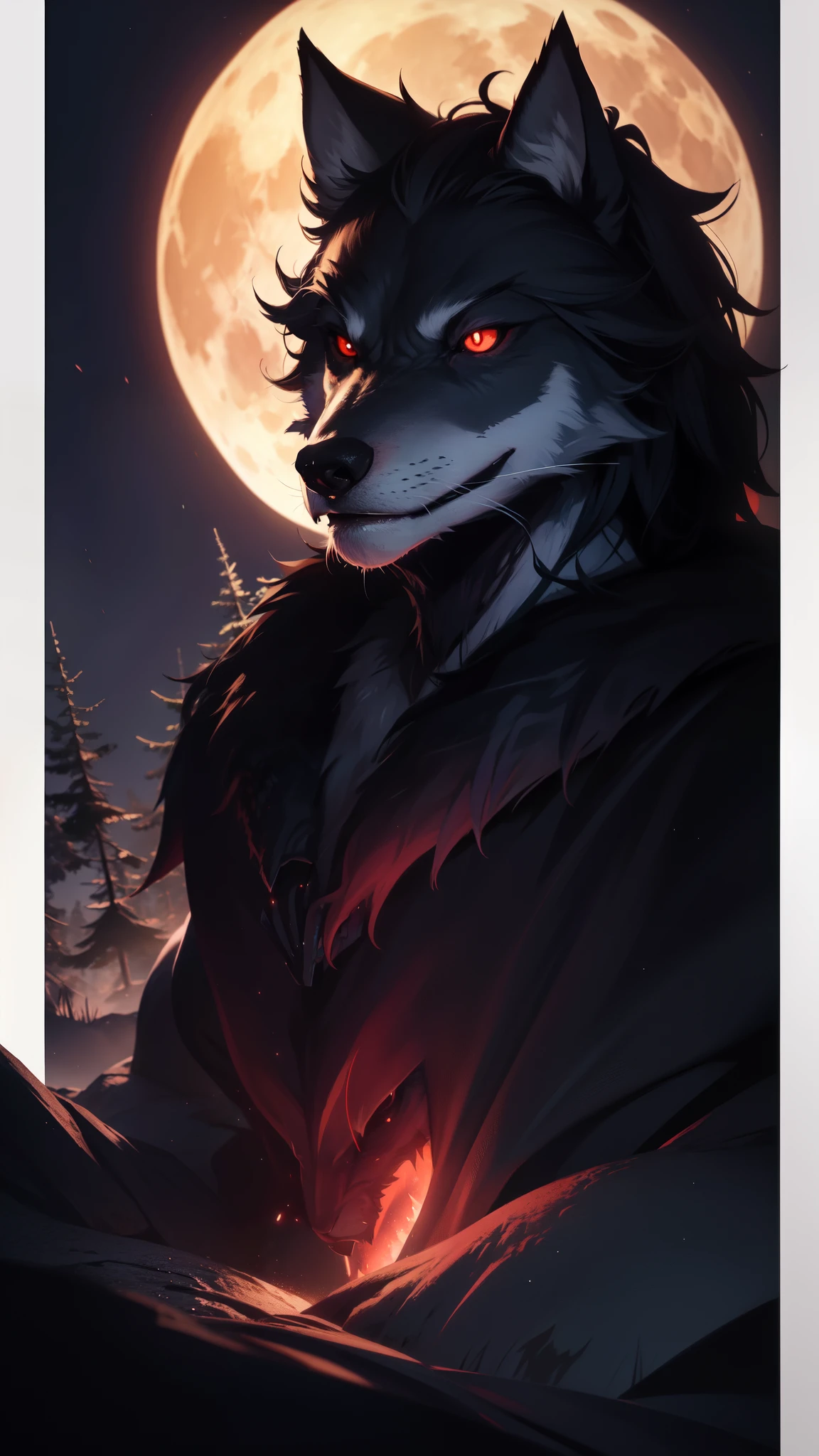 a fierce dark wolf with red eyes, magic, forest, fantastic, night sky, moon, stars, background, (simple oil painting in a style to Bill Sienkiewicz)