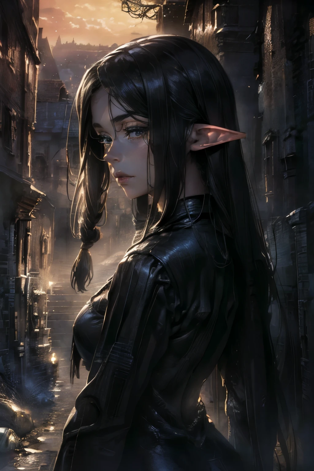 solo, ((masterpiece)),((high resolution)),((best quality)), extremely fine and beautiful, super fine illustration, (realistic skin), (insanely detailed anime eyes), mature, vivid and beautiful, shocking sensation, incredibly detailed, beautiful detailed girl, (medium supple breasts:0.7), side view, looking at viewer, (elf), (medium long elf ears), ((black hair)), (very long hair), (small breasts:0.9), (plump thighs:0.6), (wide hips:0.6), (plump ass:0.7) movie lighting, perfect shadow, realistic lighting shaded, medieval fantasy forest scenery