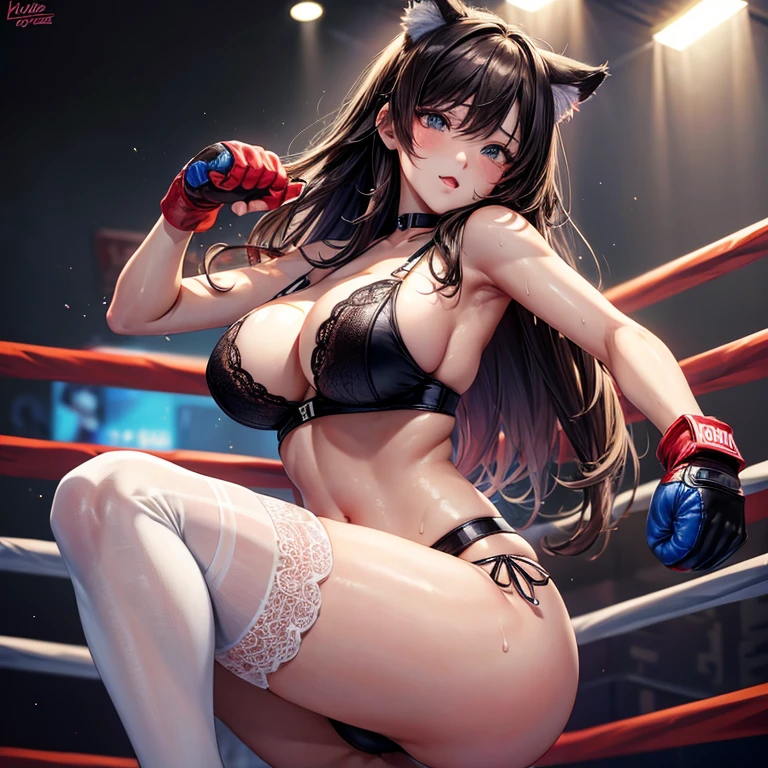individual，Korean beauty，boxing gloves，boxing match，Knee socks，Erotic lingerie，sexy，Big breasts，long legs，cleavage，ring，sweating，8k，Super detailed，high quality，long hair，Cat ear