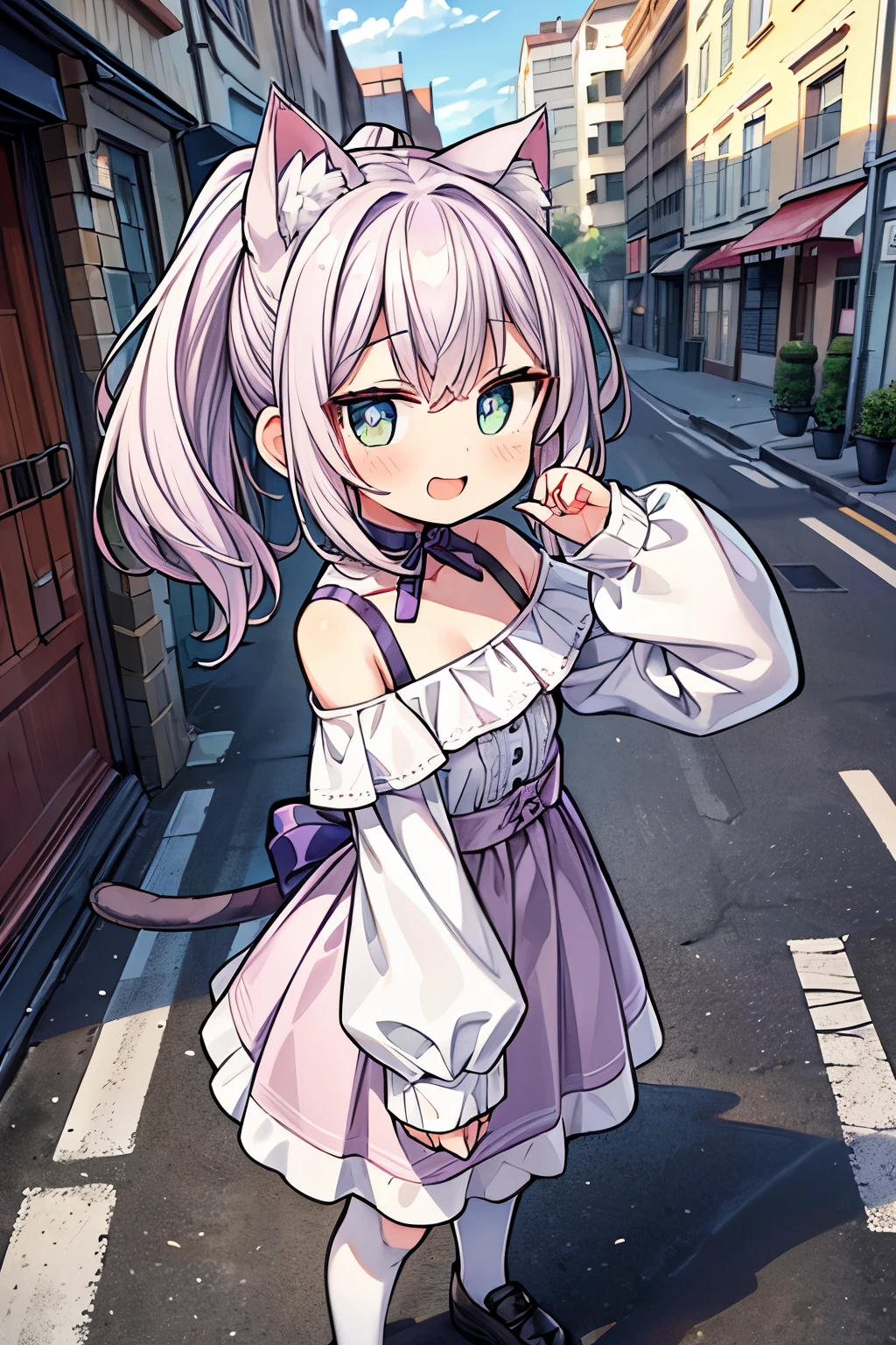 Anime girl in a dress and cat ears walking down a street - SeaArt AI