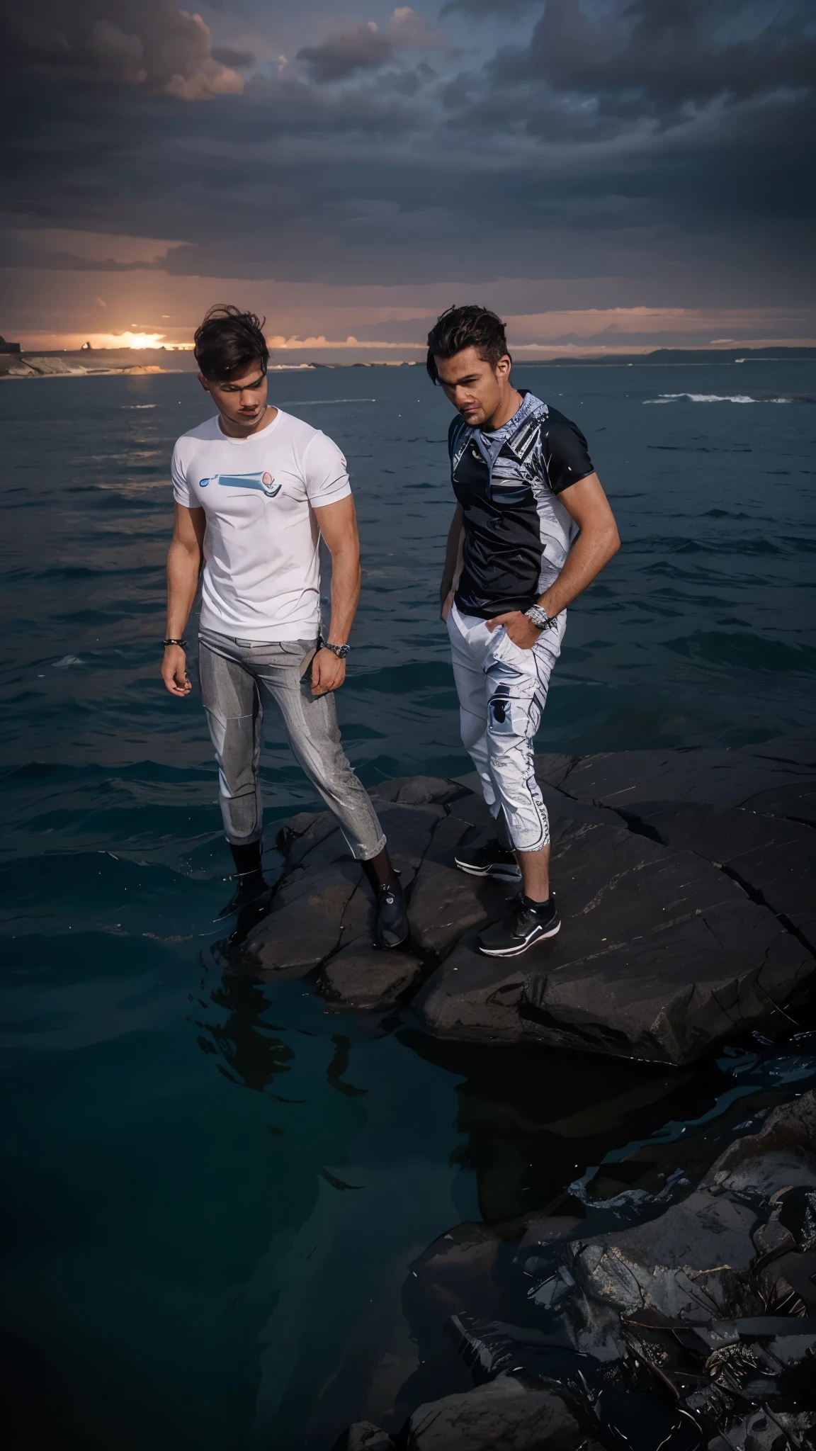 Me and my friend with sea picture futuristic background realistic face 8k ultra high quality hd
