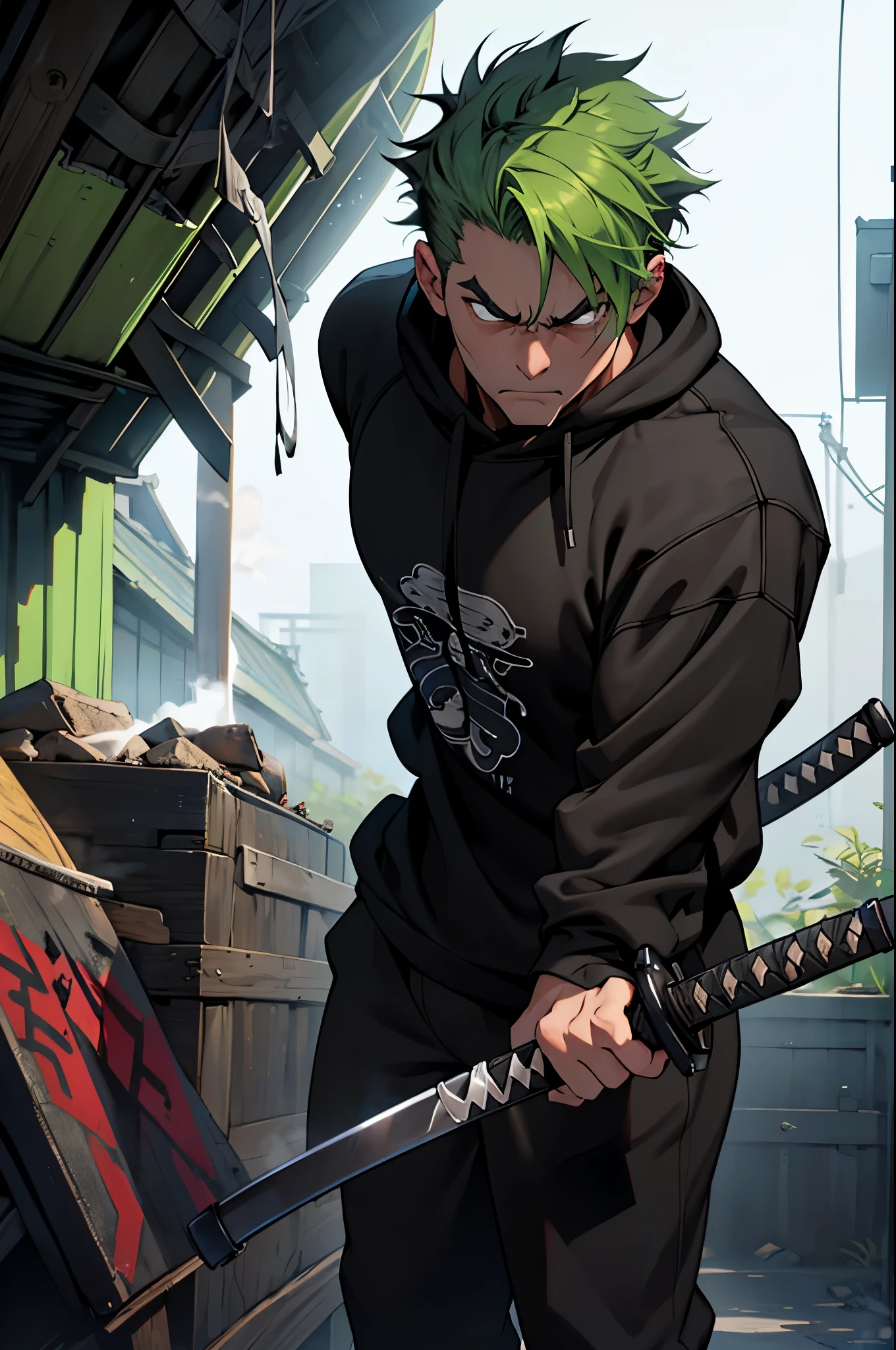4K, Super Graphics, boy, One, green hair, short hair, hair combed back, angry face, Frowning, Broad-shouldered, (black sweatshirt:1.4), (Steam from the mouth:1.4), (Katana), full length, (von Tokyo)