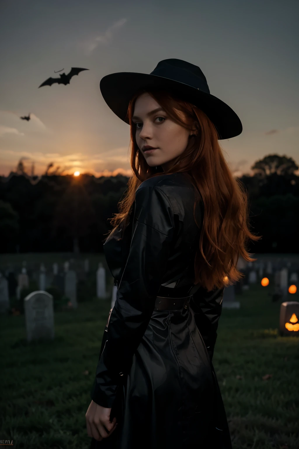 Halloween scene of pumpkins and witches flying over a cemetery, halloween celebration, halloween scene, halloween night, halloween atmosphere, spooky halloween night, halloween art style, halloween theme, scarry but bewitching, spooky halloween fun, witch fairytale, photo of beautiful age 18 girl, ginger hair, freckles sexy, beautiful, standing, young, dslr, 8k, 4k, ultrarealistic, realistic, natural skin, textured skin, Beautiful backlight ,Masterpiece, Best Quality, Ultra-detailed
