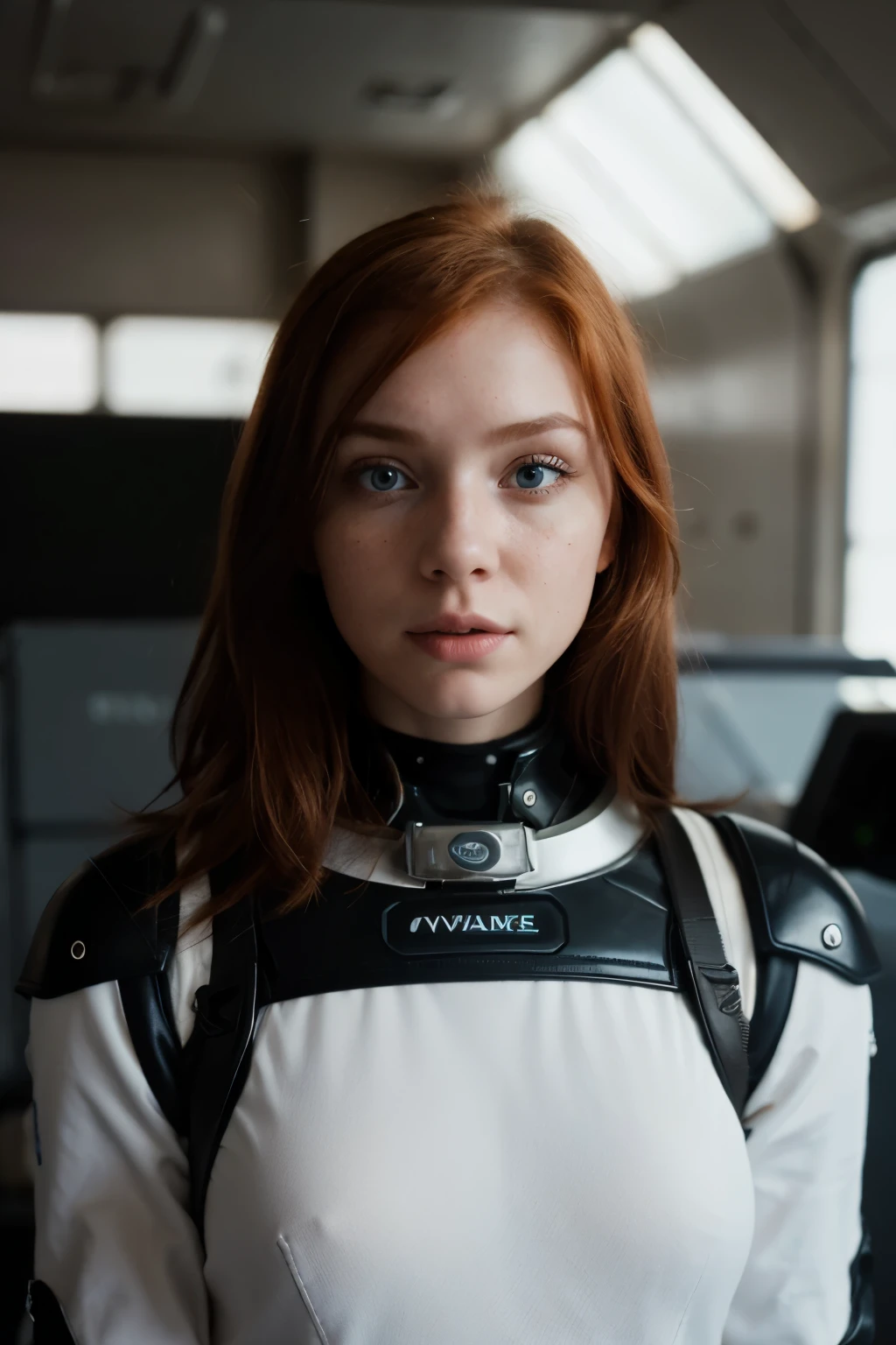 photo of a ginger woman, in space, futuristic space suit, (freckles:0.8) cute face, sci-fi, dystopian, detailed eyes, Lady, approximately 18 years old, posing in cool clothes