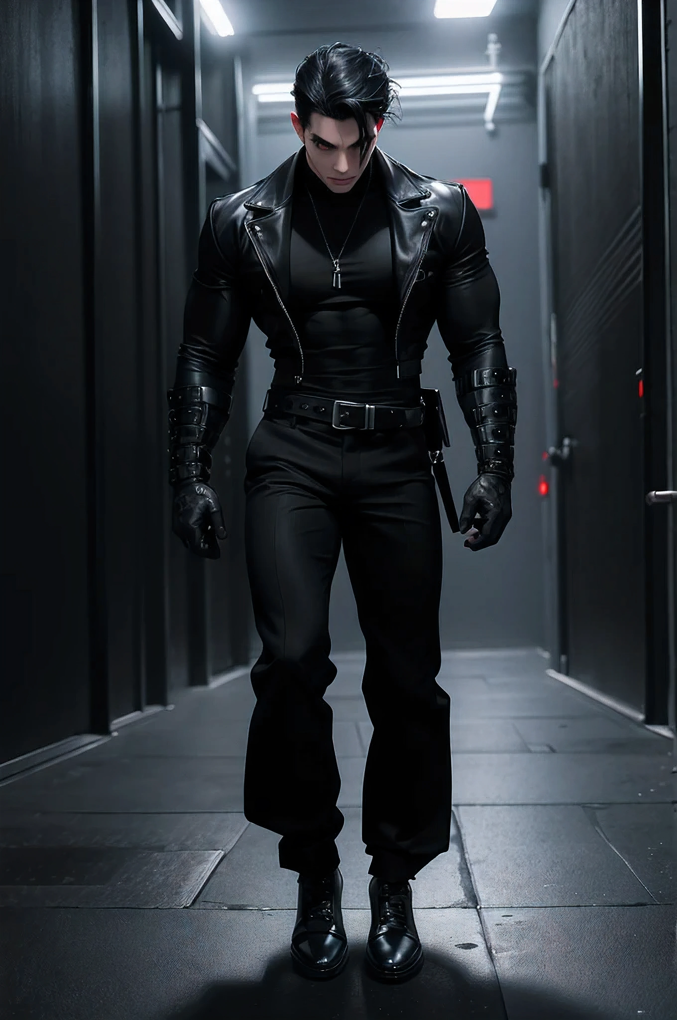 Long black hair, red eyes, athletick body, buffed body, sad looking, black trousers, grey tunic, black shoes, medival, black punk gloves, aggrasive looking, full body, 4k hd, extra-detailed, extra details.