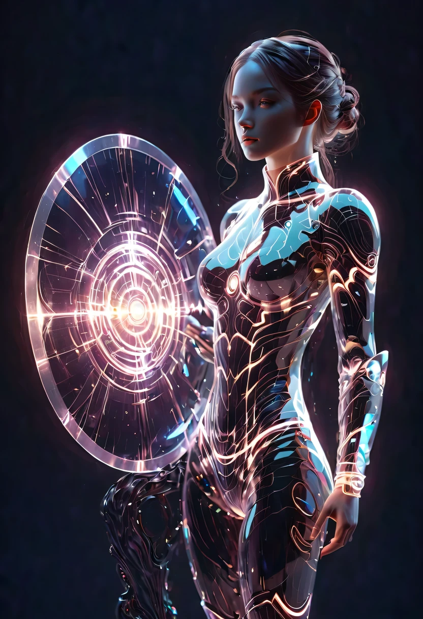 Future female knight holding a large shield，(Legendary Energy Light Shield:1.5)，Sci-fi transparent ethereal shield，cyberpunk，Holographic projection，fault art，mechanical aesthetics，neon lights，laser light，fluorescence，glow effect，liquid metal，Copper plate engraving，Unreal Engine