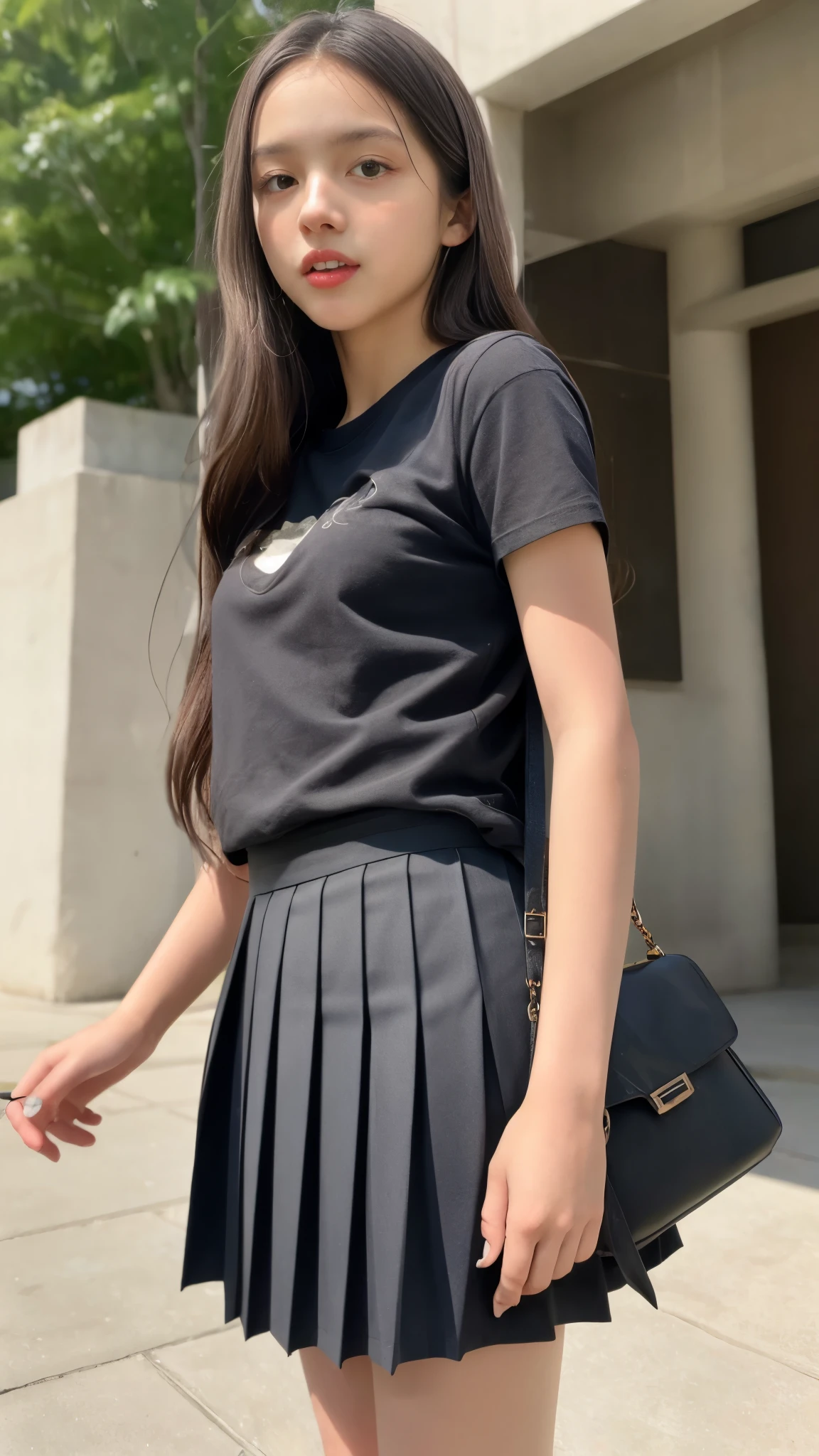 Olivia Rodrigo , long hair: 1.6, t-shirt, pleated skirt, pantyhose, small breasts, fair skin, photorealistic