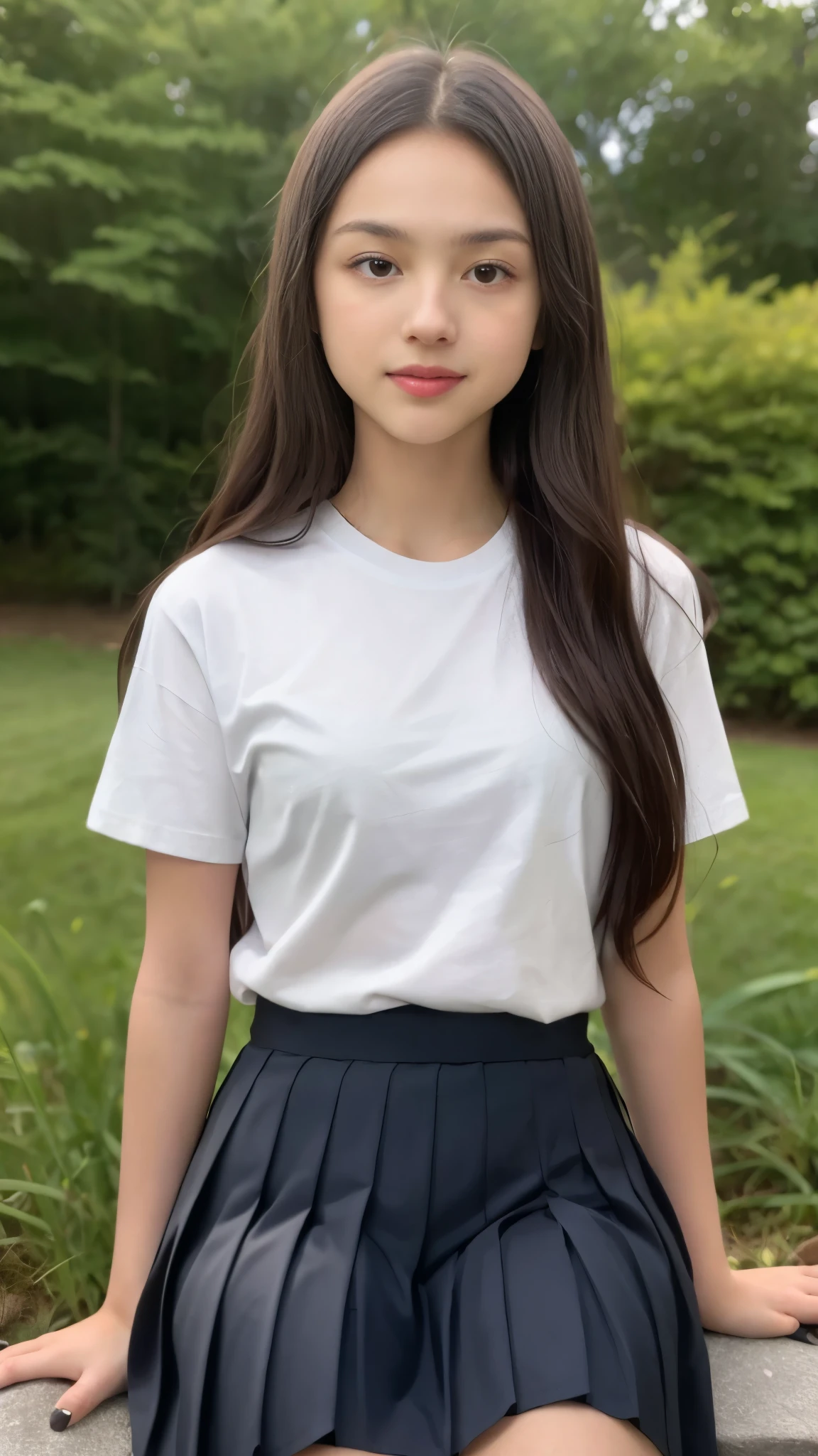 Olivia Rodrigo aged 13, long hair: 1.6, t-shirt, pleated skirt, pantyhose, small breasts, fair skin, photorealistic