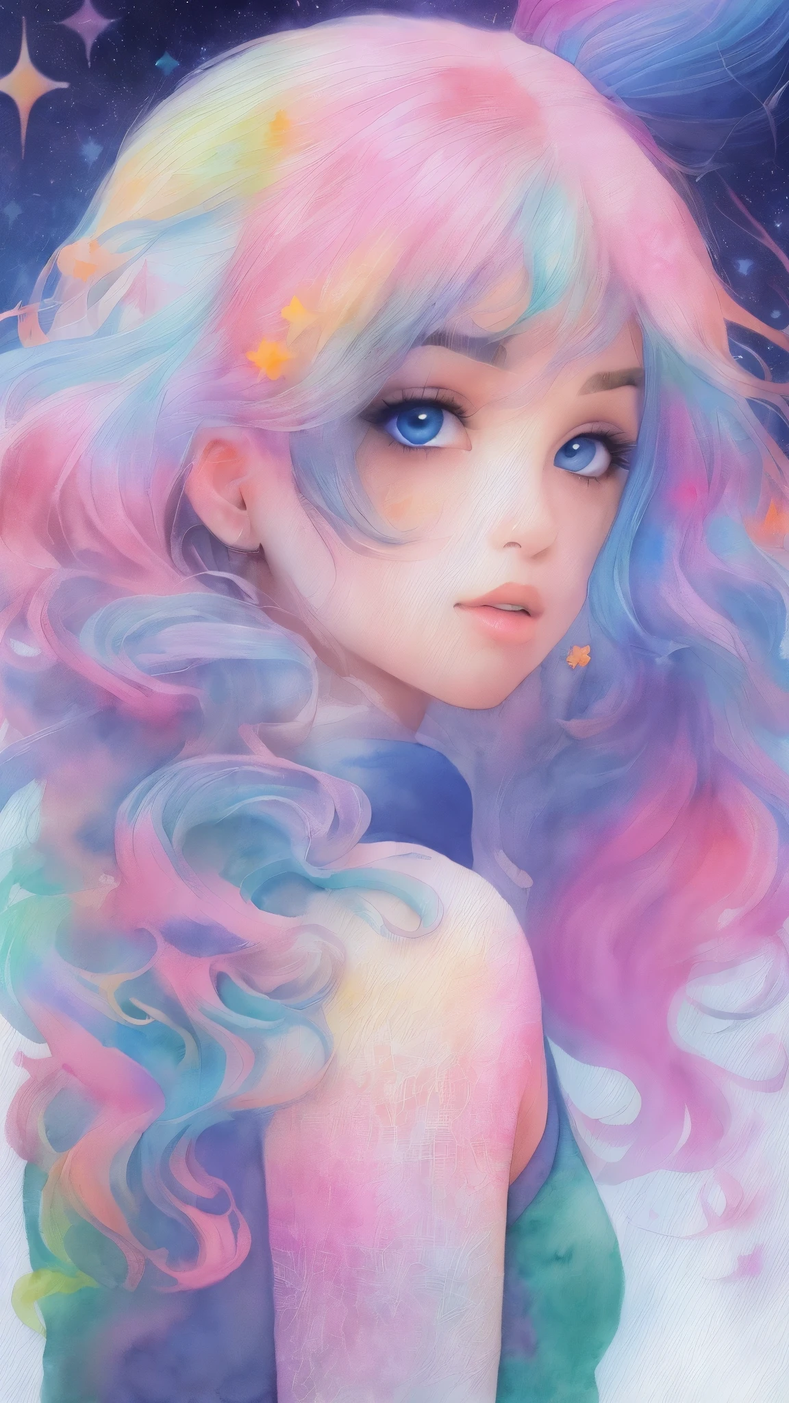 (masterpiece, top quality, best quality,watercolor (medium),official art, beautiful and aesthetic:1.2),(1girl:1.3), (fractal art:1.3),upper body, from side, looking at viewer,patterns,(rainbow color Hair,colorful hair,half blue and half pink hair:1.2),water,liquid, cloud,colorful, starry,stars,